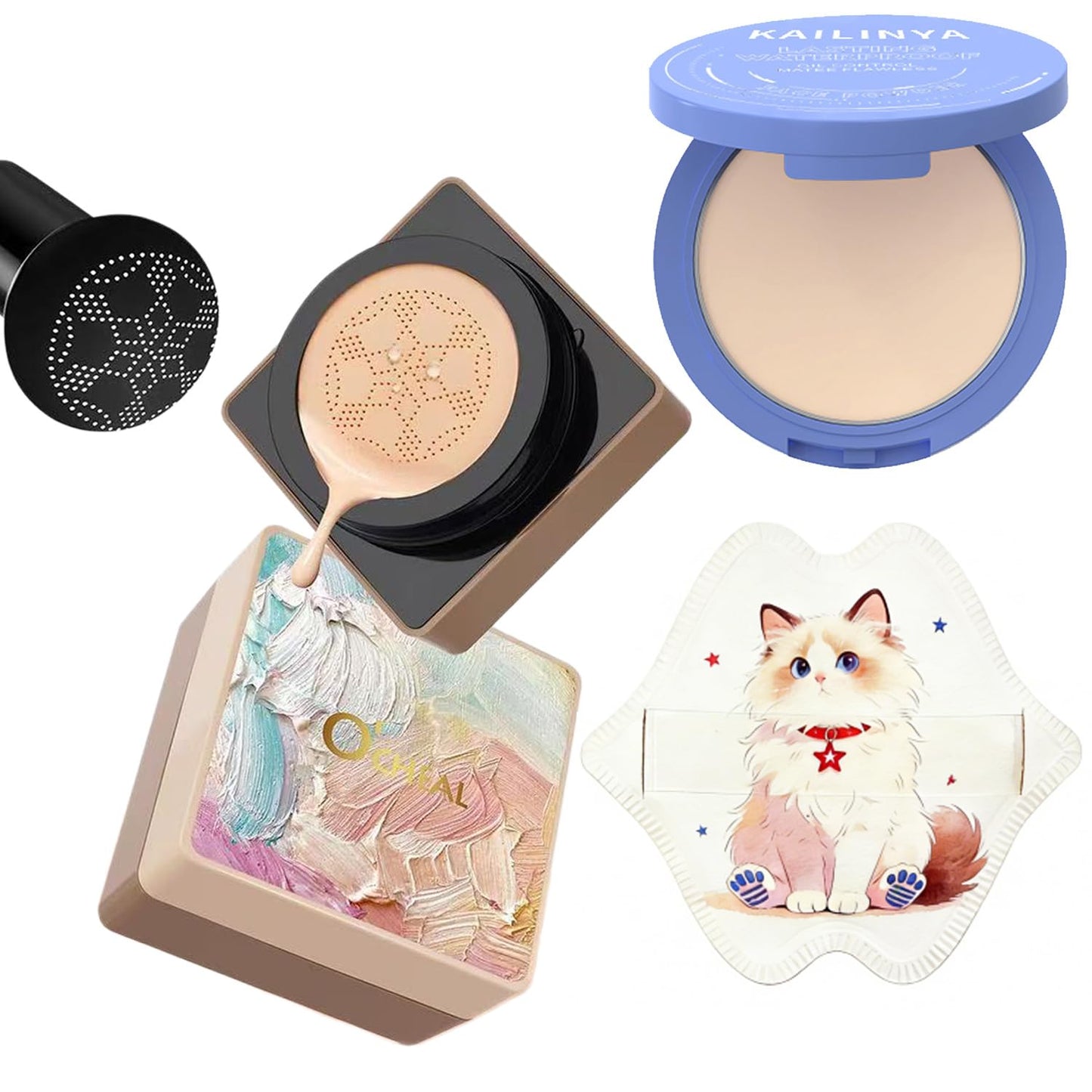 Mushroom-Head Cushion Foundation & Setting Powder Set - Long-Lasting Matte Finish | 3 Shades Available (Ivory White)