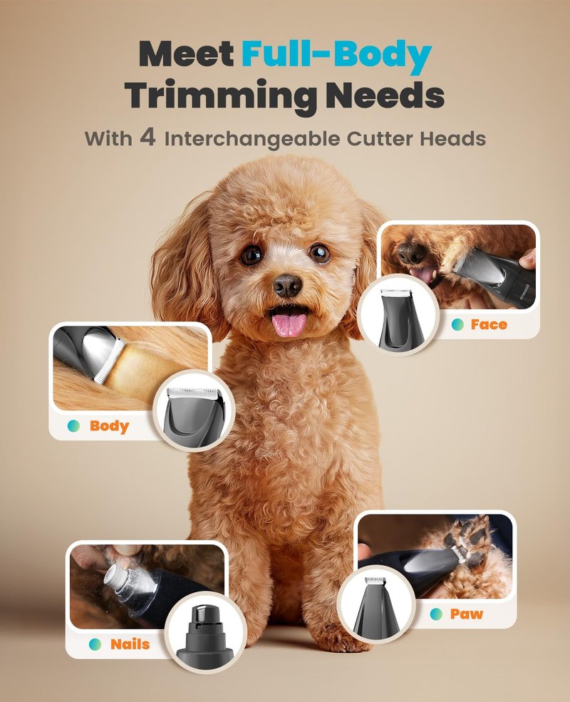 oneisall Professional Dog Grooming Kit at Home: All-in-One Quiet Clippers & Nail Grinder with LED Light, 2000mAh Cordless Dog Shaver, Safe Poodle Grooming Kit for Paws, Face, Ears & Body