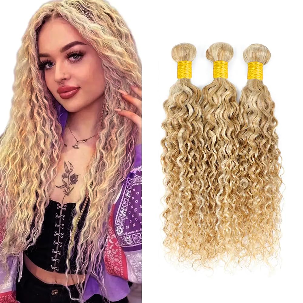 P27/613 Blonde Bundles Human Hair Water Wave Bundles 22 24 26 Inch Blonde Highlight Water Wave Bundle Unprocessed Brazilian Virgin Weave Hair 3 Bundle 50 Gram Per Bundle