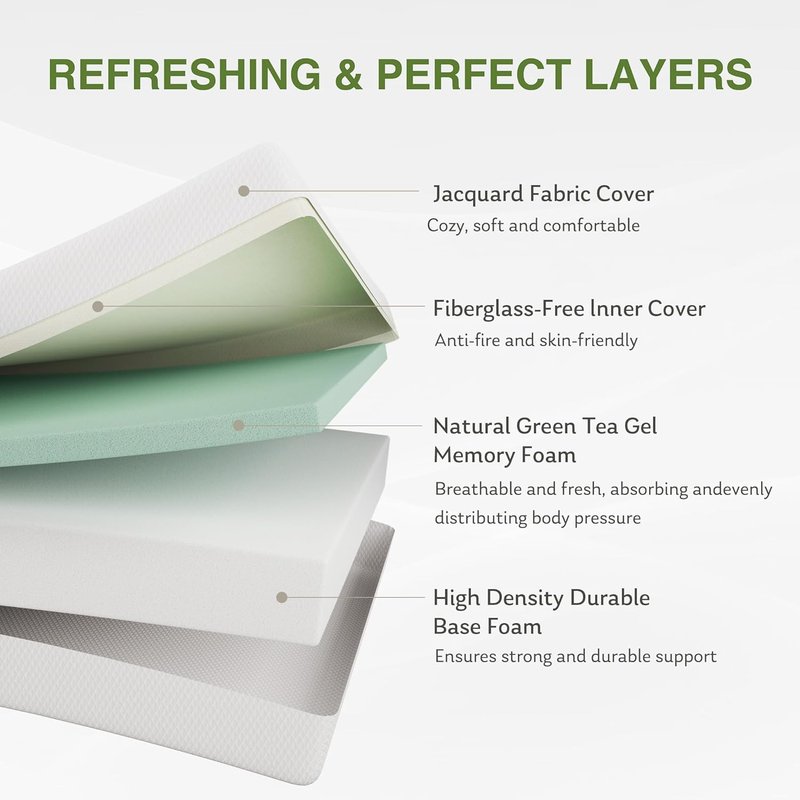 EGOHOME 12-Inch Queen Memory Foam Mattress - Cooling Green Tea Gel, Medium Firm Support | 80''L x 60''W, White