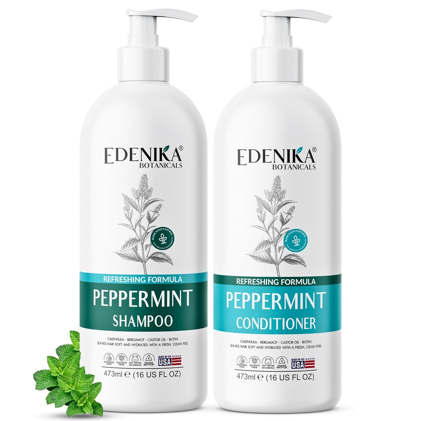 Peppermint Shampoo & Conditioner Set - Soothes Itchy Scalp, Strengthens Hair, Reduces Thinning | 16 fl oz Each