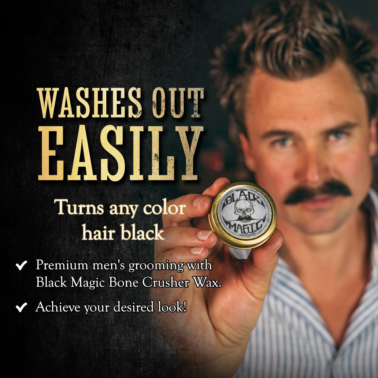 THE VINTAGE GROOMING CO. Black Mustache Wax | Black Magic Death Grip Moustache Wax | Hide Grey Hair In Beard Or Moustache | Extra Strong Hold Mustache Wax Unscented | 1 oz Tin Heat Source Required