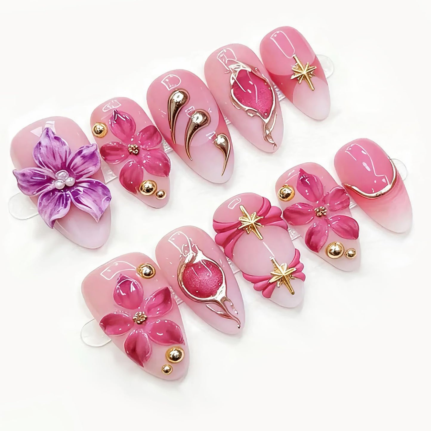 30Pcs Summer Press-On Nails - Medium Almond Shape with 3D Starfish & Seashell Designs | Ocean Pearl French Tip Full Cover
