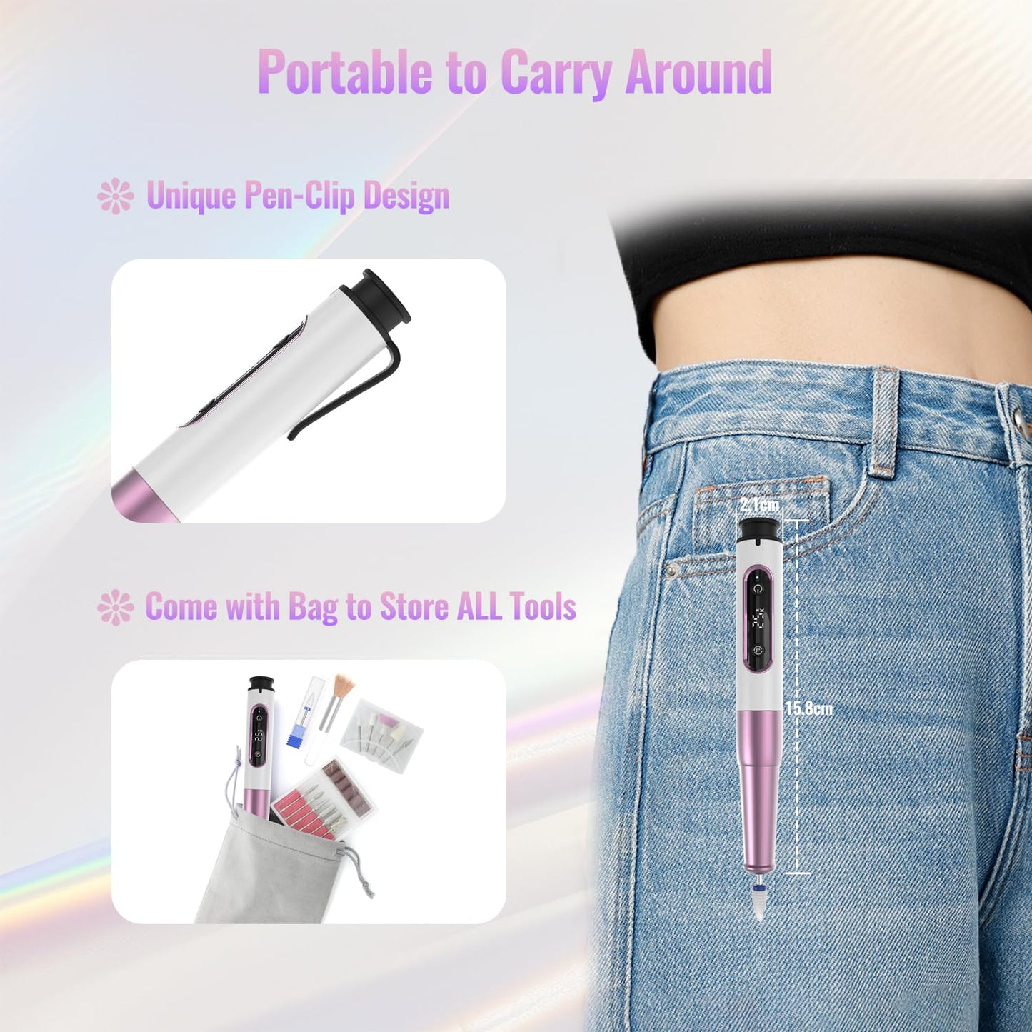 Electric Nail Drill - Cordless 12-in-1 Professional E-File with LED Display | Portable Rechargeable for Gel & Acrylic Manicure, Purple