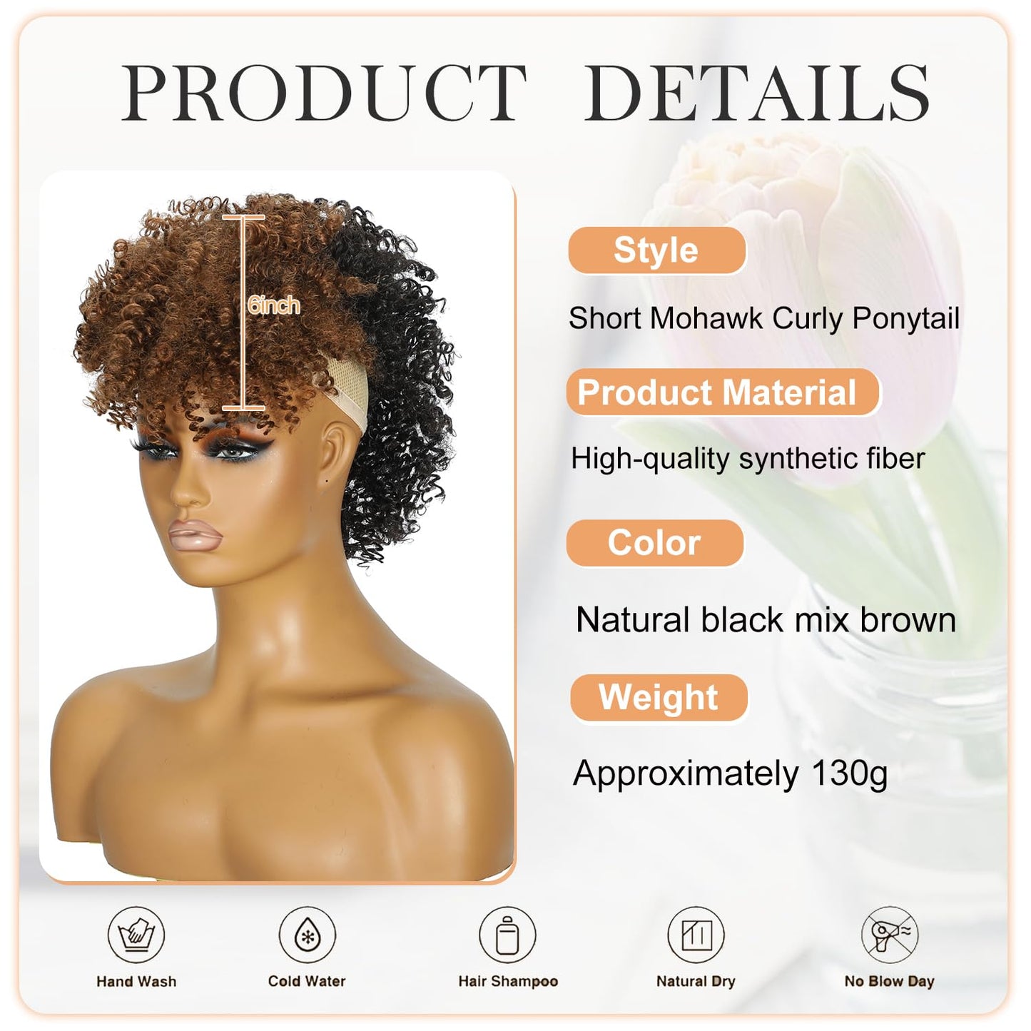 Kinky Curly Mohawk Wig - Natural Black & Caramel Brown Ponytail with Bangs | Short Synthetic Clip-In Extension 2/30