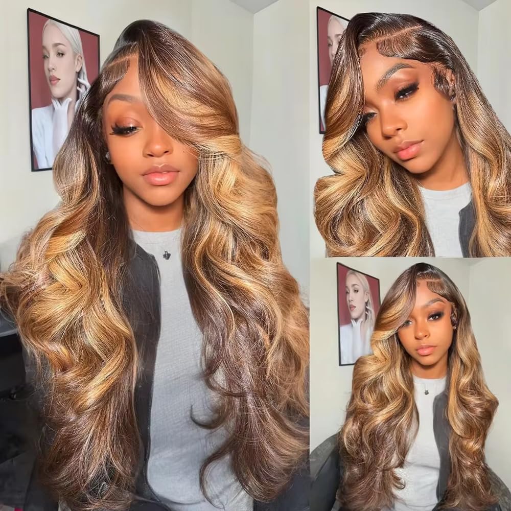 4/27 Human Hair Bundles Ombre Human Hair Bundles Highlight Brown Body Wave Bundle 4/27 Brown Body Wave Bundle LadrXadr 100g 12 Inch