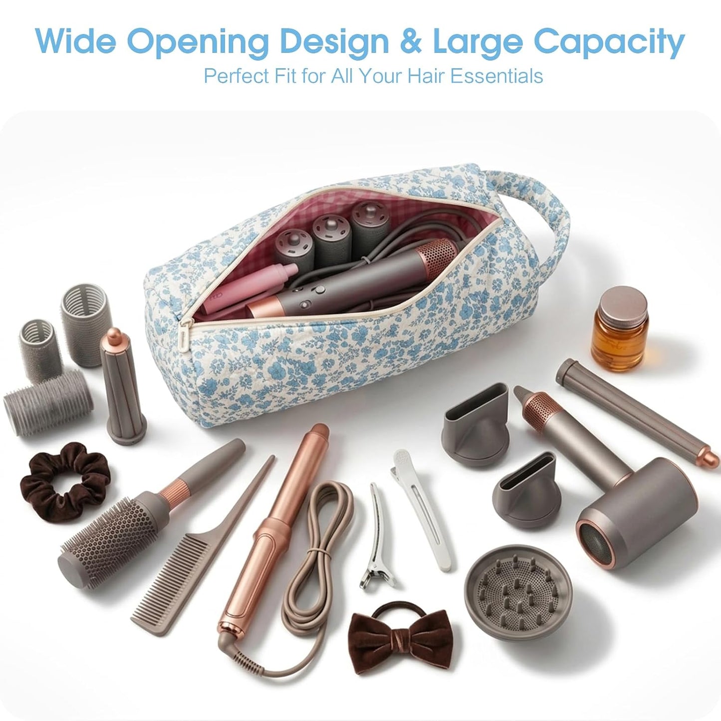 Hair Tools Travel Bag - Compact Case for Dyson Airwrap & Shark Flexstyle | 14" Portable Organizer in Blue Flower