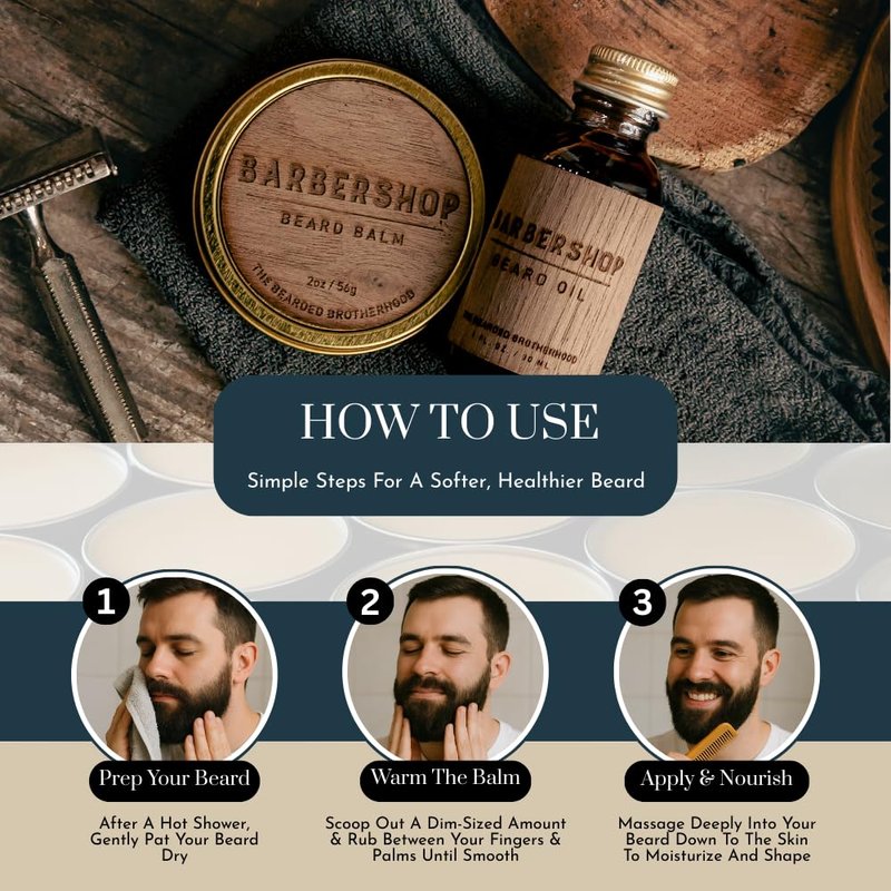 The Bearded Brotherhood Barbershop Beard Balm – Handcrafted Men’s Grooming Balm – Vintage Barbershop Scent with Essential Oils, 2 oz Screw-Top Tin