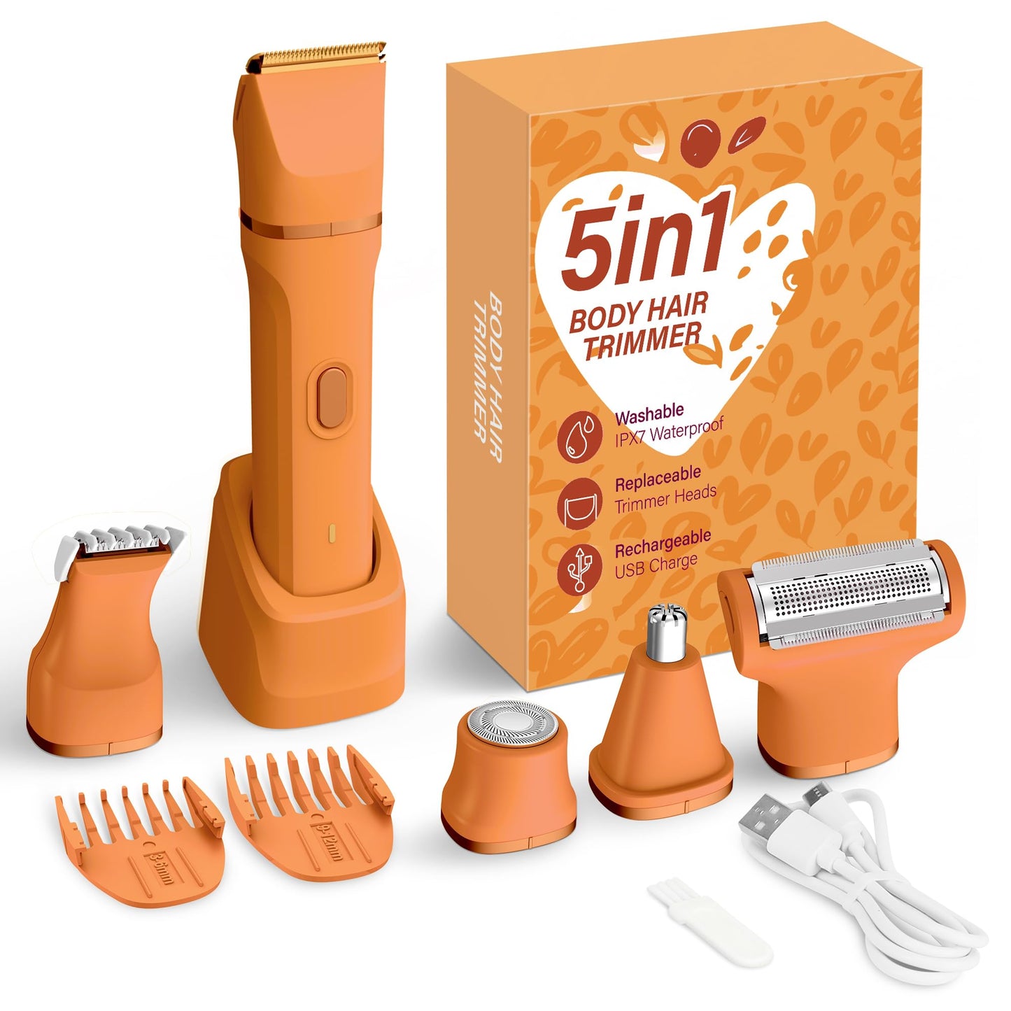 KINGTEE 5-in-1 Electric Bikini Trimmer for Women – IPX7 Waterproof Shaver, Cordless Body & Facial Razors for Women, Ceramic Blades, USB-C Rechargeable, Painless Hair Removal Kit (Pure Orange)