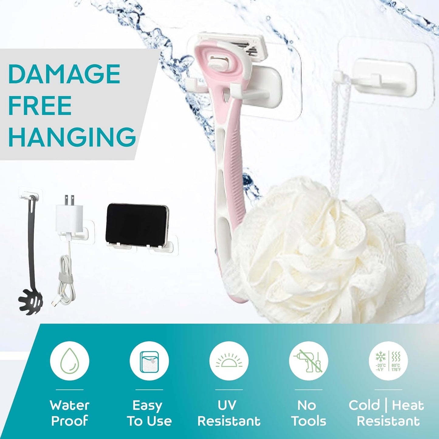 Strong Adhesive Shower Razor Holder - Waterproof Wall Hooks for Bathroom | 2-Pack, No-Drill, Reusable & Removable - White