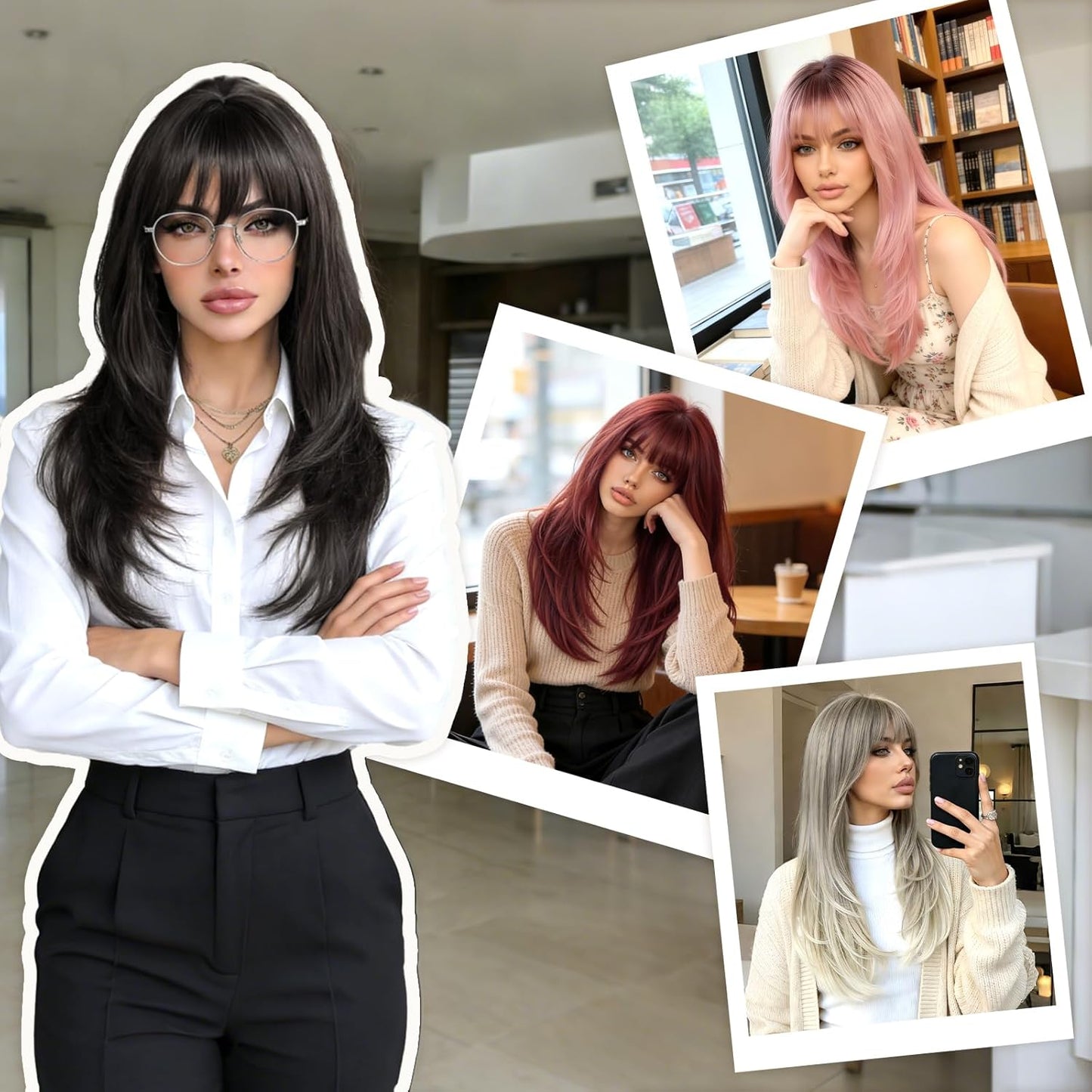 Straight Layered Wigs with Bangs for Women - Natural Synthetic 24-Inch Long Hair Wig for Daily Wear | Party Style