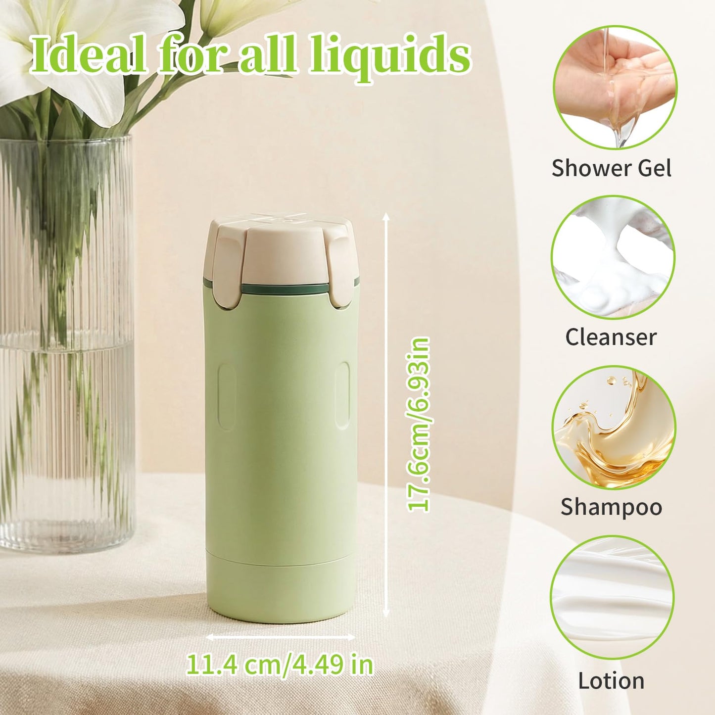 ZRWQTMMMJ 4 in 1 Travel Dispenser Bottle Set - 30ml x4 TSA Approved Leak Proof Airless Pump Bottles, Refillable Small Containers for Shampoo Lotion, Portable Travel Toiletries for Carry On (Green)