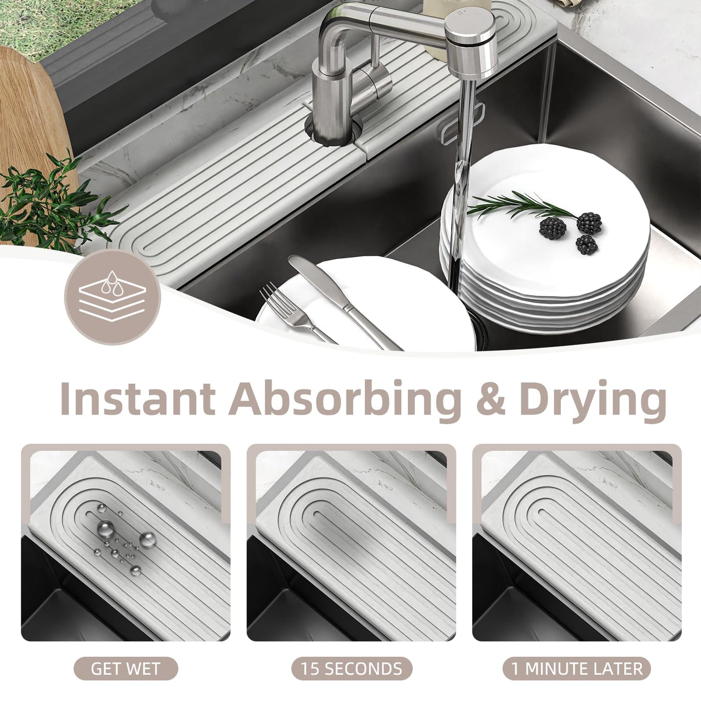 AKUVU Faucet Mat for Kitchen Sink - Super Absorbent Diatomite Fast Drying Stone, Quick Drying Splash Guard,Prevents Moisture Buildup Sink, Durable Protector for Kitchen,Bathroom Counter