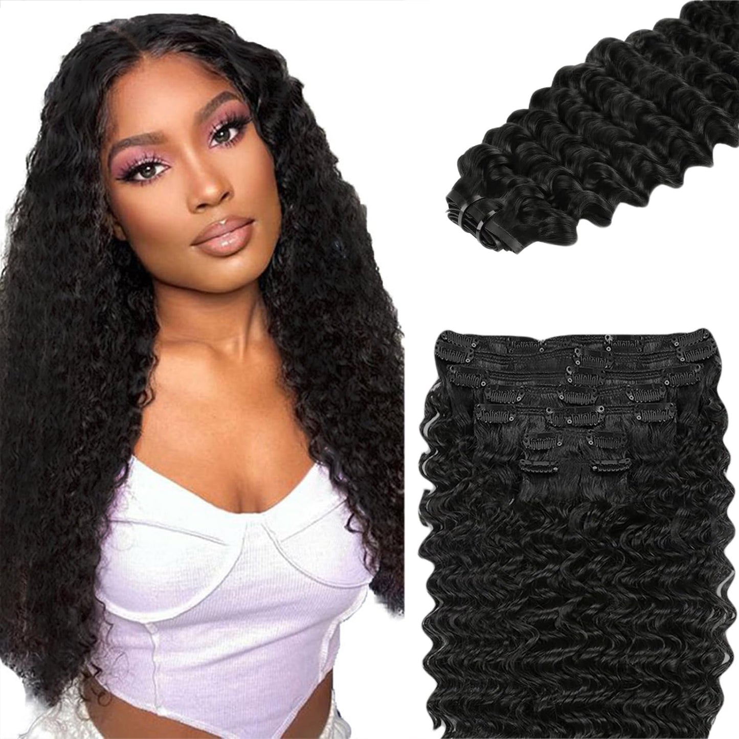 Deep Wave Clip ins Human Hair, 24 Inch 120g/7Pcs,Full Shine Black Human Hair,Natural Black Clip ins Brazilian Virgin Hair #1B Deep Wave Clip in Hair Extensions