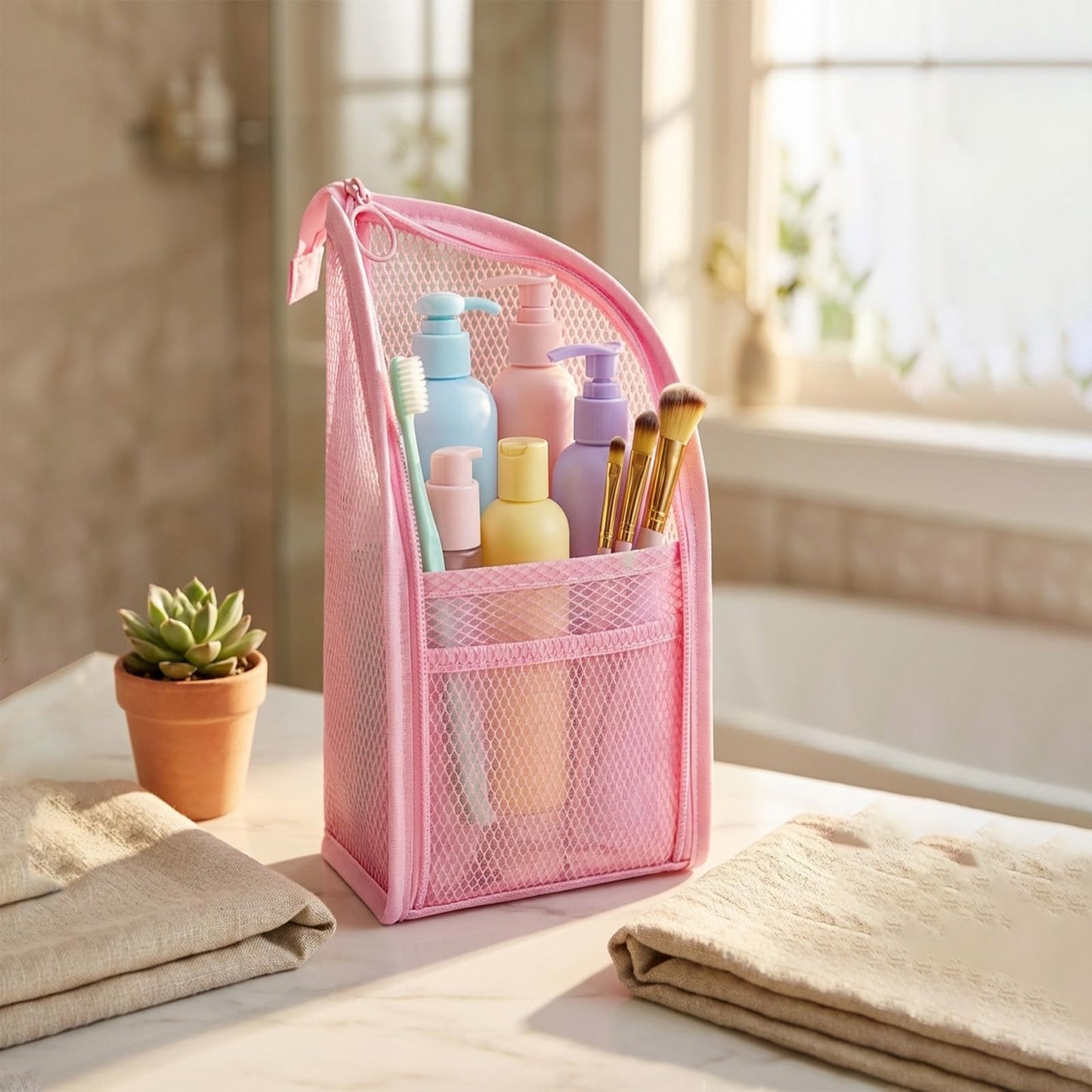 Pjsrsdaee Standing Toiletry Bag, Lightweight Portable Travel Toiletry Bag, EVA Foldable Thickened Clear Hanging Makeup Bag, Breathable Cosmetic Organizer for Travel & Bathroom (pink)