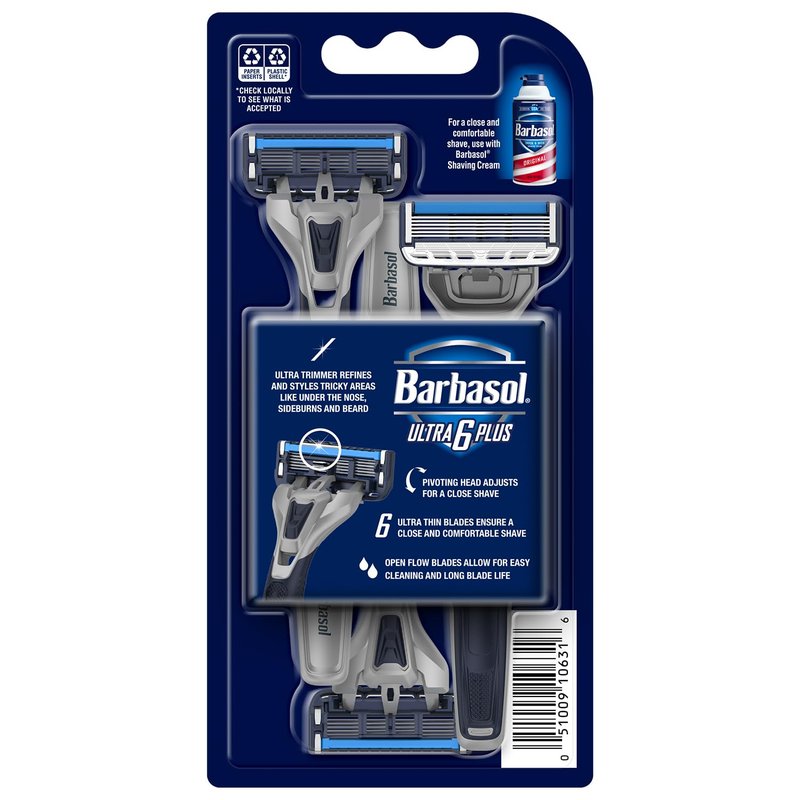 Barbasol Ultra 6 Plus Value Pack | Premium 6-Blade Disposable Razors | Disposable Shaving Razor Bundle | Close Shave Technology, UltraTrimmer 7th Blade, Pivoting Head (1 Pack / 3 Total Razors)