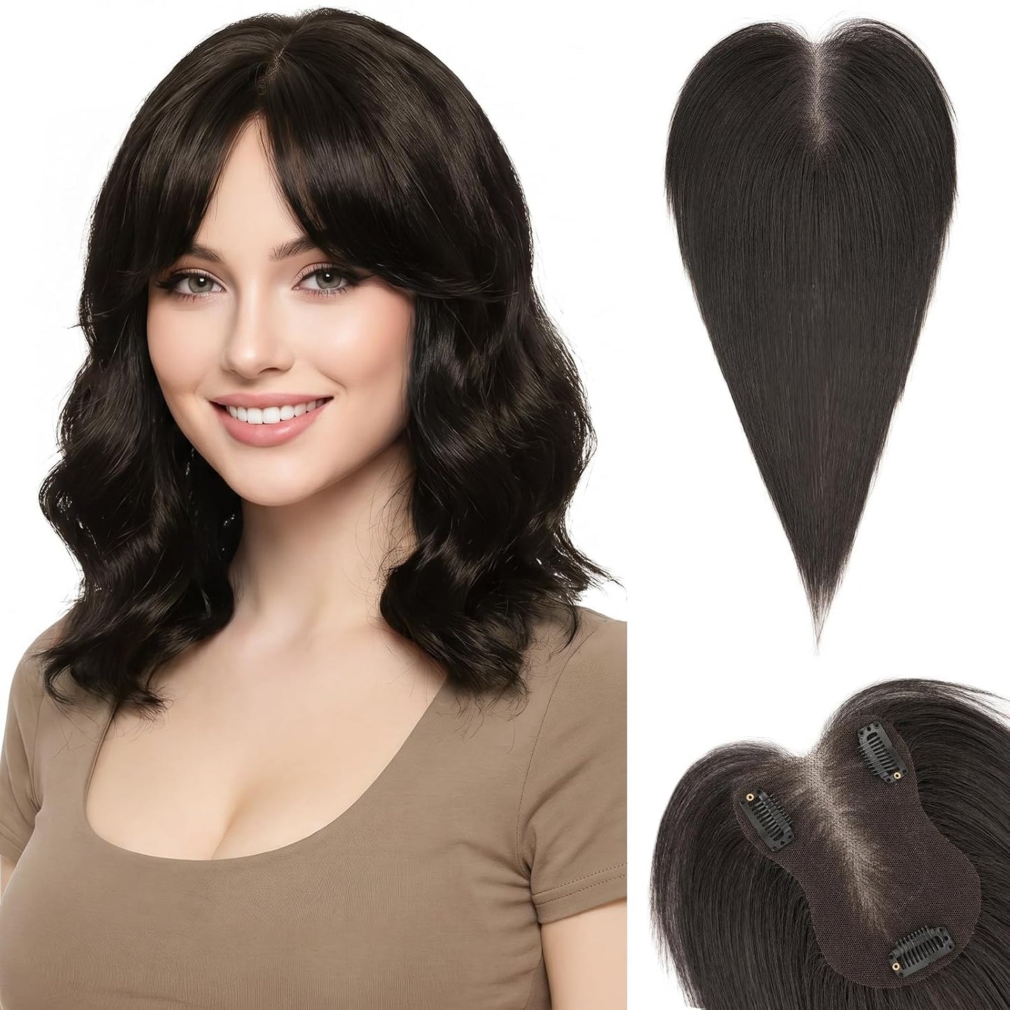 **Hair Toppers for Women - Real Human Hair with Curtain Bangs | 10-Inch Lace Base Clip-In Piece - #02 Dark Brown**