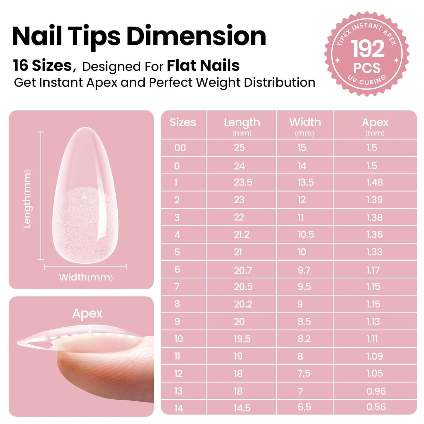 Beetles Instant Apex Nail Tips - Medium Almond, 192pcs, No Builder Gel Required | 16 Sizes 00-14