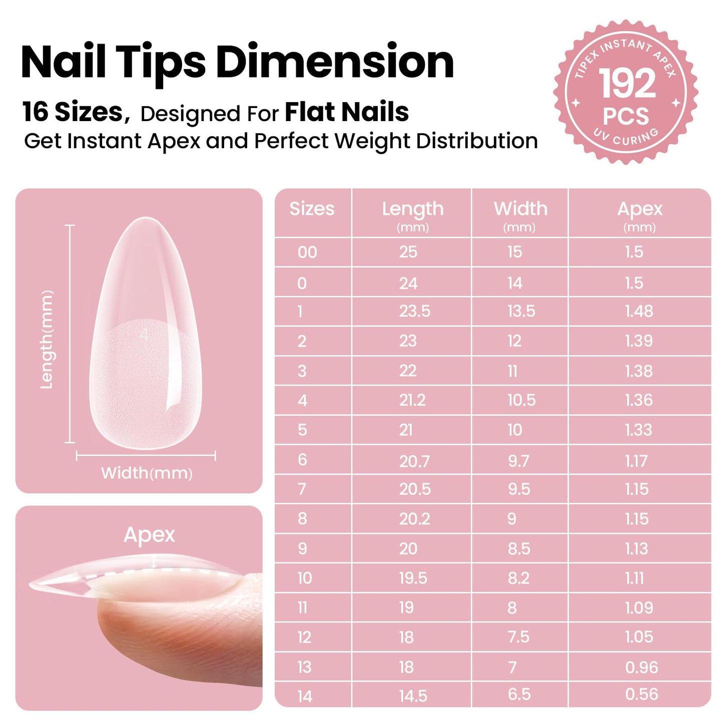 Beetles Tipex Instant Apex Nail Tips, Medium Almond, 16 Sizes 00–14, 192pcs, No Builder Gel Required, Thicker Strong Acrylic Tips for DIY Salon-look Extensions
