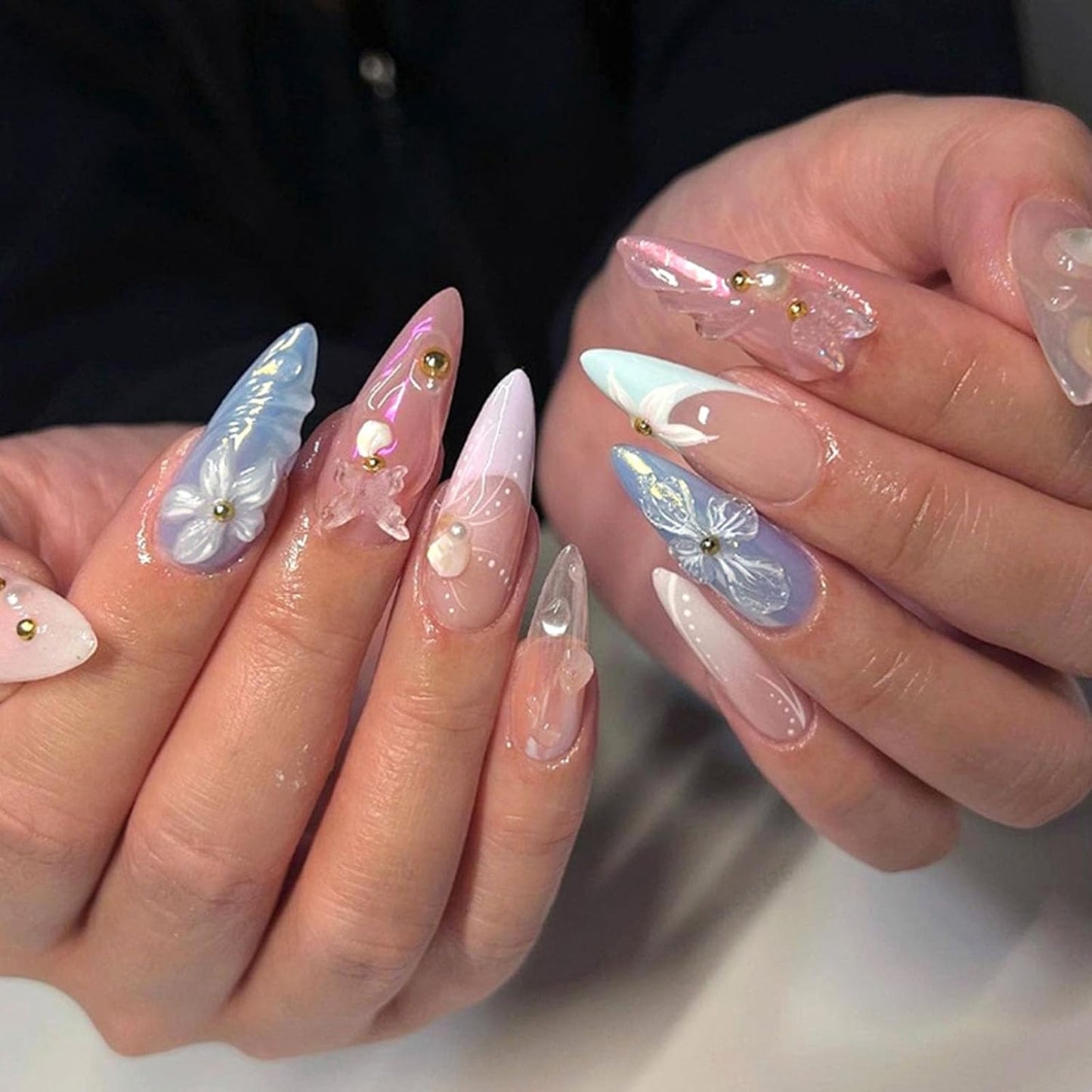 French Tip Press-On Nails - Medium Almond Shape with 3D Bow & Pearl Charms | 24 Pcs Spring Design