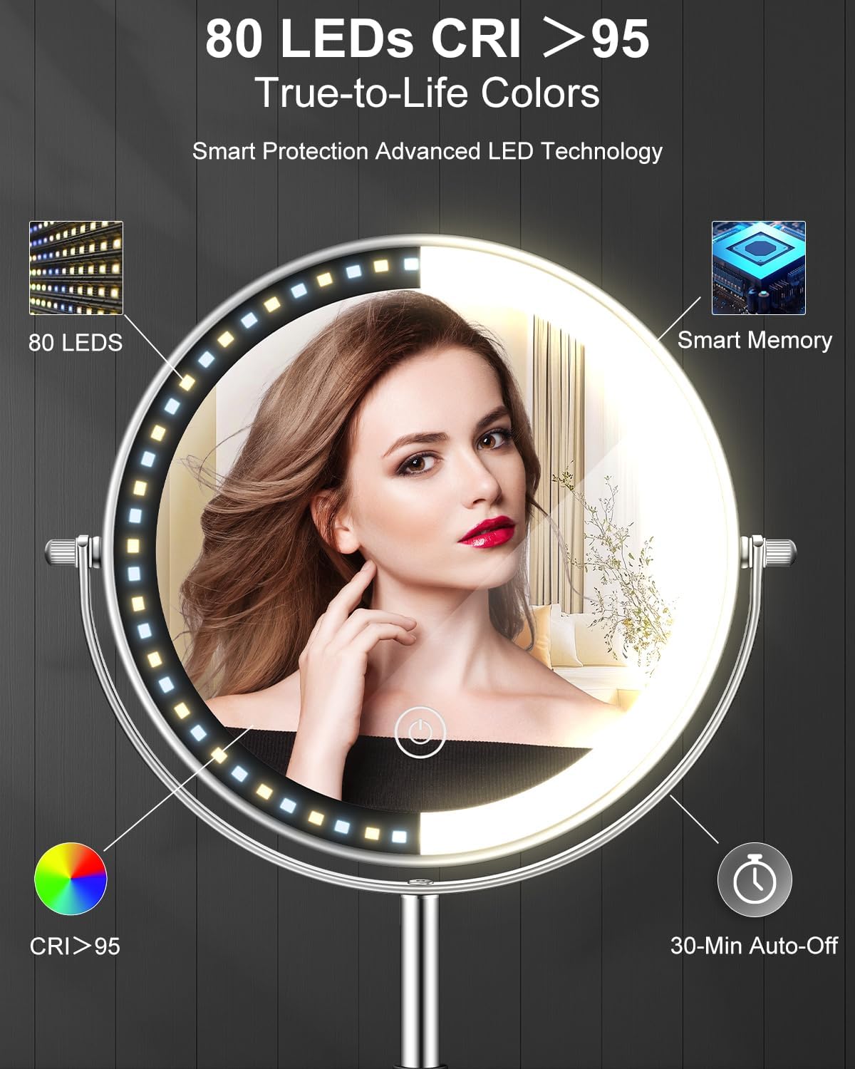 Lighted Makeup Mirror with Adjustable Height - 1X/30X Magnifying, 3000mAh Rechargeable, Dual-Sided Vanity Mirror with 3 LED Lighting Options | Perfect Gift for Women
