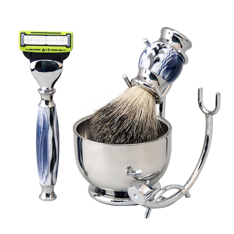 Grandslam Deluxe Shaving Kit for Men, 4 in 1 Shaving Set Includes 6 Blade Razor, Shaving Brush, Stainless Steel Shaving Bowl and Razor & Brush Holder, 1 Razor Handle and 5 Cartridges