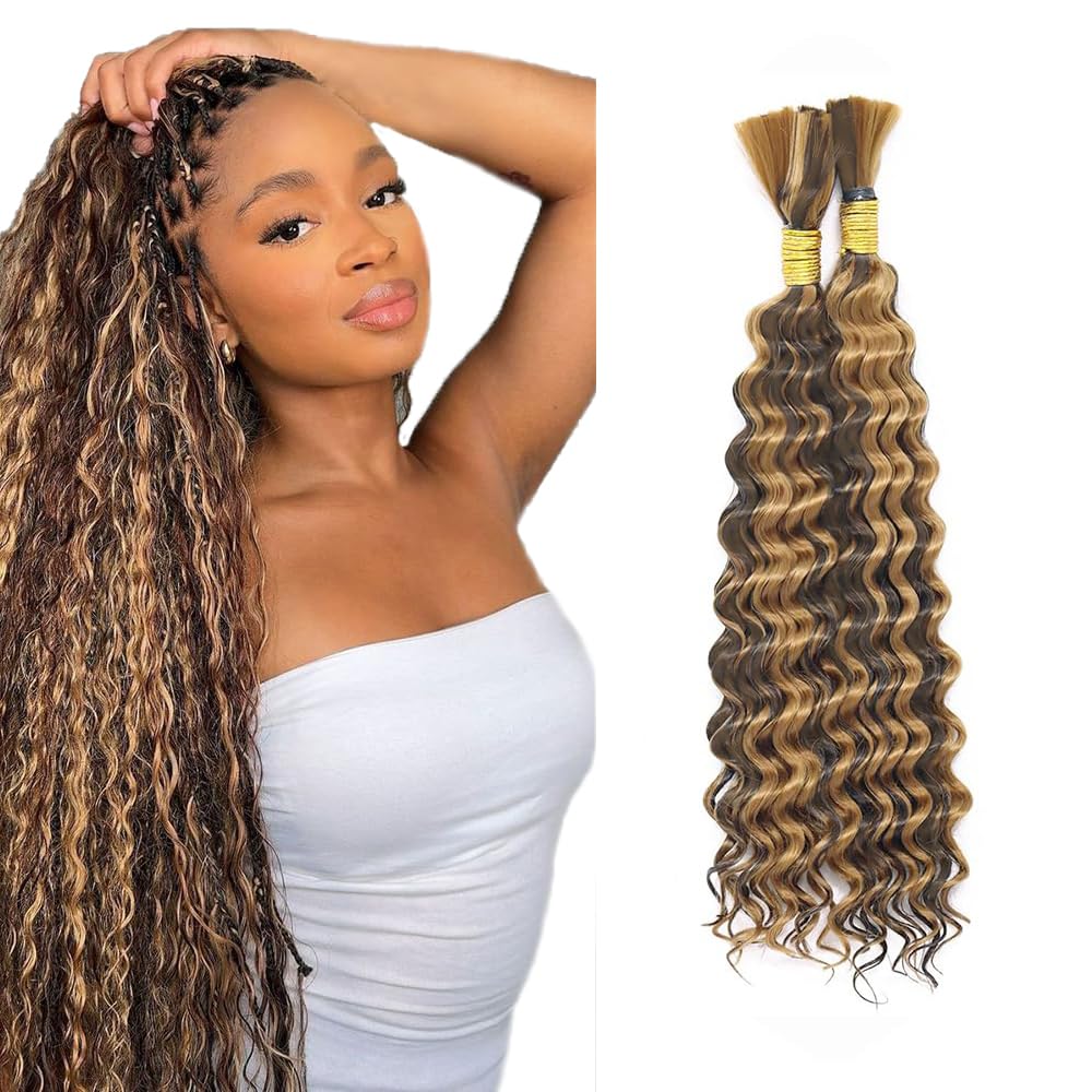 Freiuoke Braiding Hair for Boho Braids 20 Inch 2 Bundles Brown Deep Water Wave Bulk No Weft Long Wet and Wavy Braiding Hair Curly Human Hair Extensions for Women #30