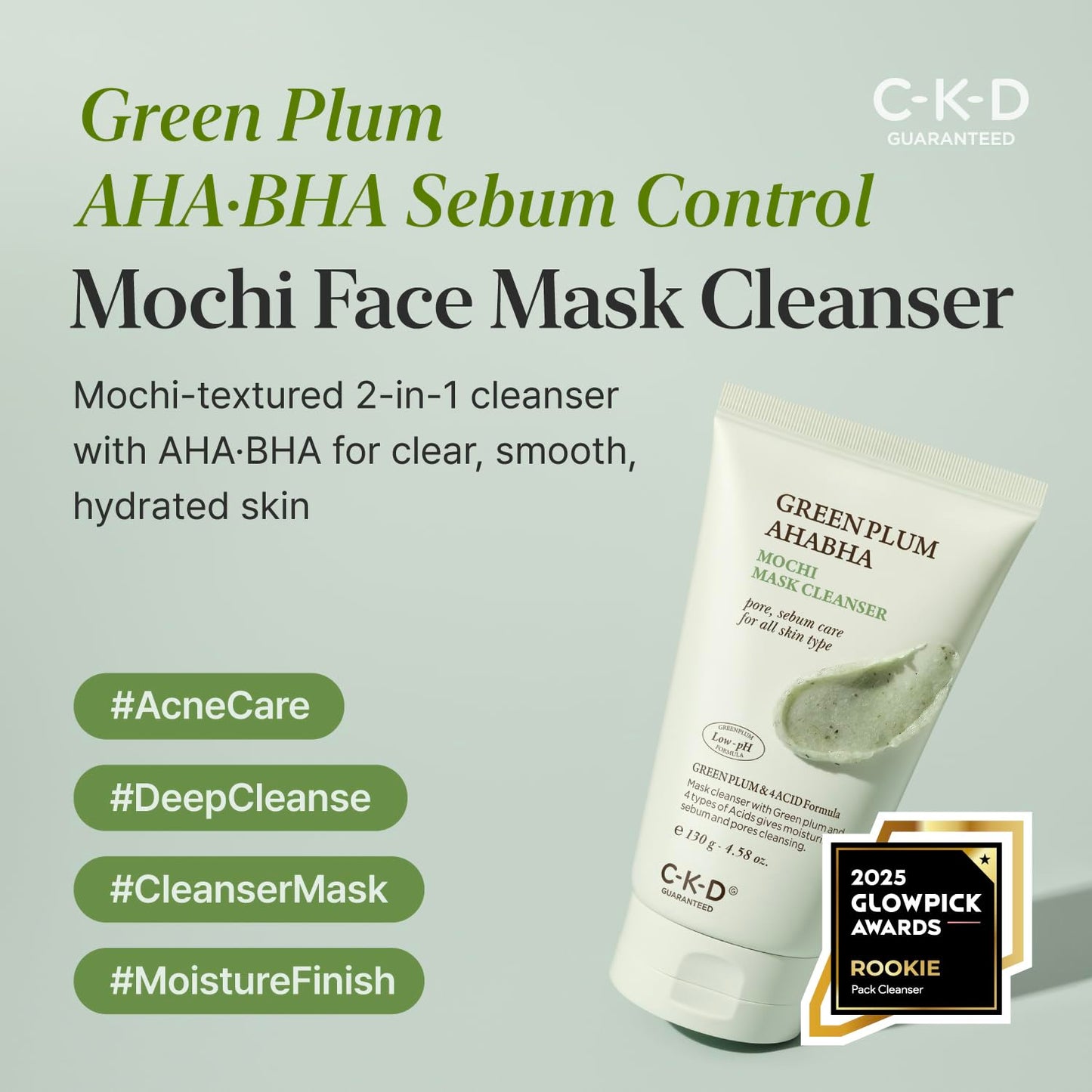 Green Plum AHA BHA Clay Mask Cleanser - Korean Face Wash & Makeup Remover | Controls Sebum, Tightens Pores, 4.58 oz