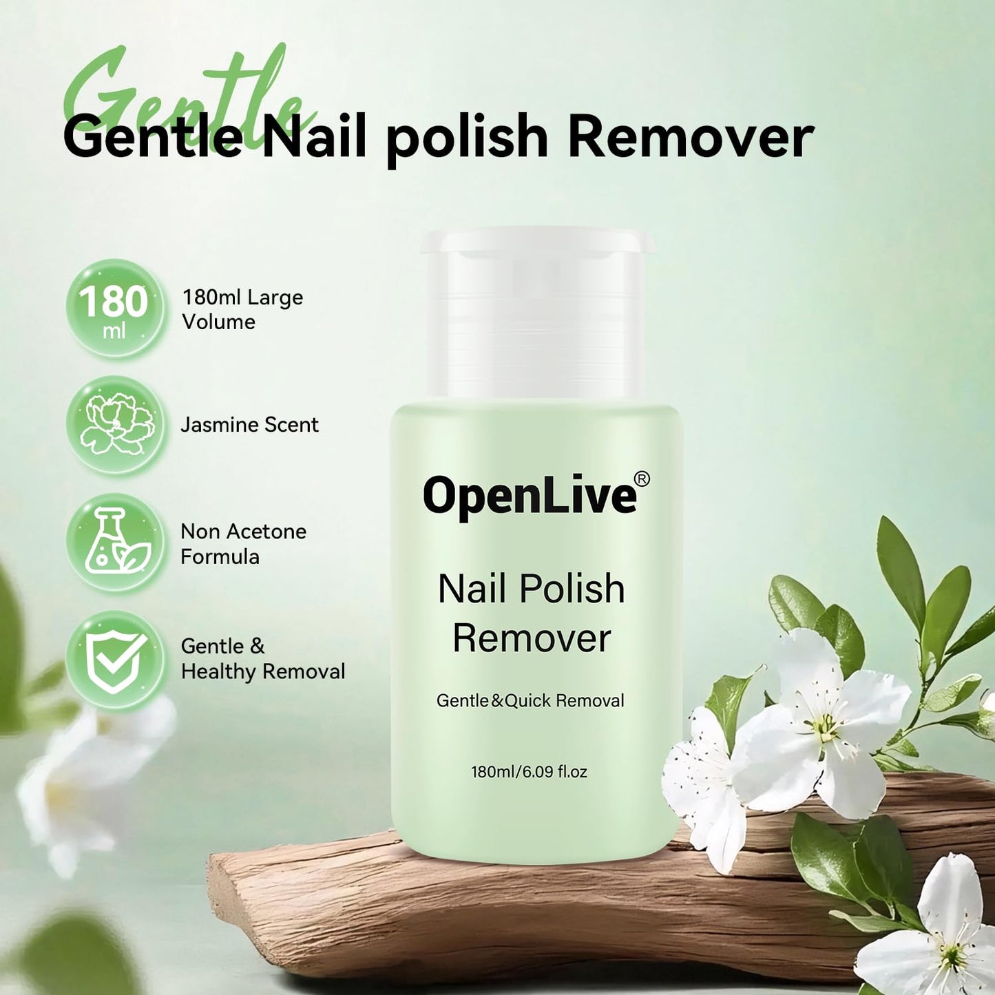 OpenLive Jasmine Scent Nail Polish Remover, 180ml Non Acetone free Nail Polish Remover for Regular Nail Polish with Easy Push-down Pump, 6.08 Fl Oz