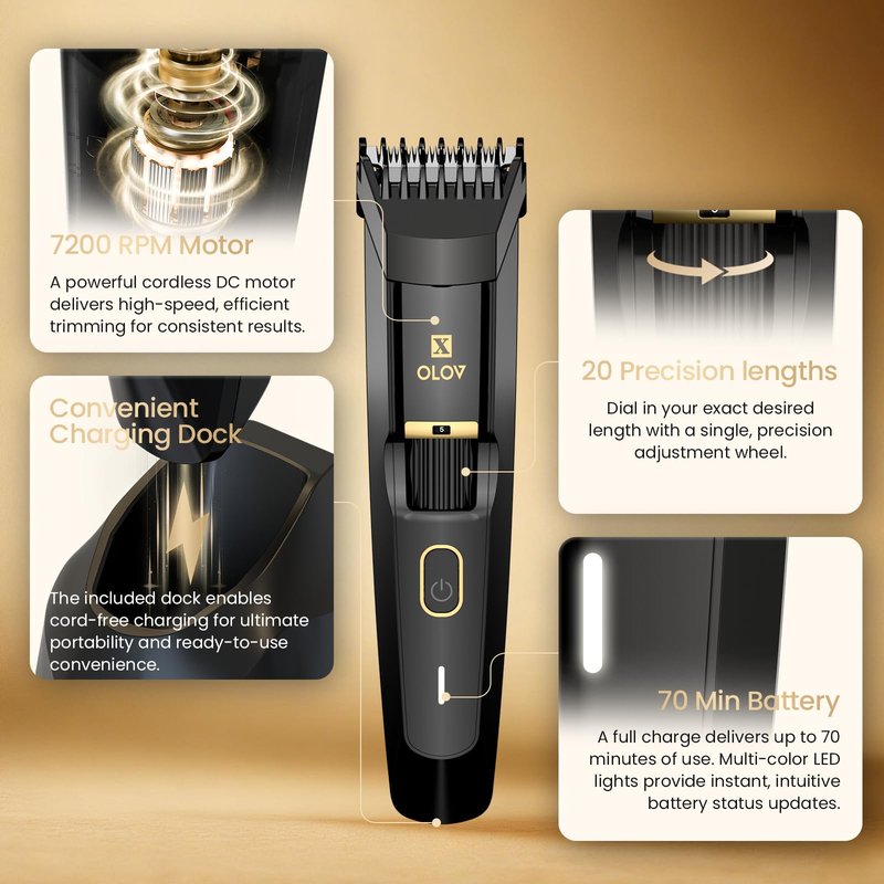 OLOV X Men's Beard Trimmer - All-in-One Trimmer with Precision Dial - Premium Facial Hair Groomer - Adjustable 20 Length Setting, USB Recharge Dock, Cordless Waterproof Wet/Dry Clipper