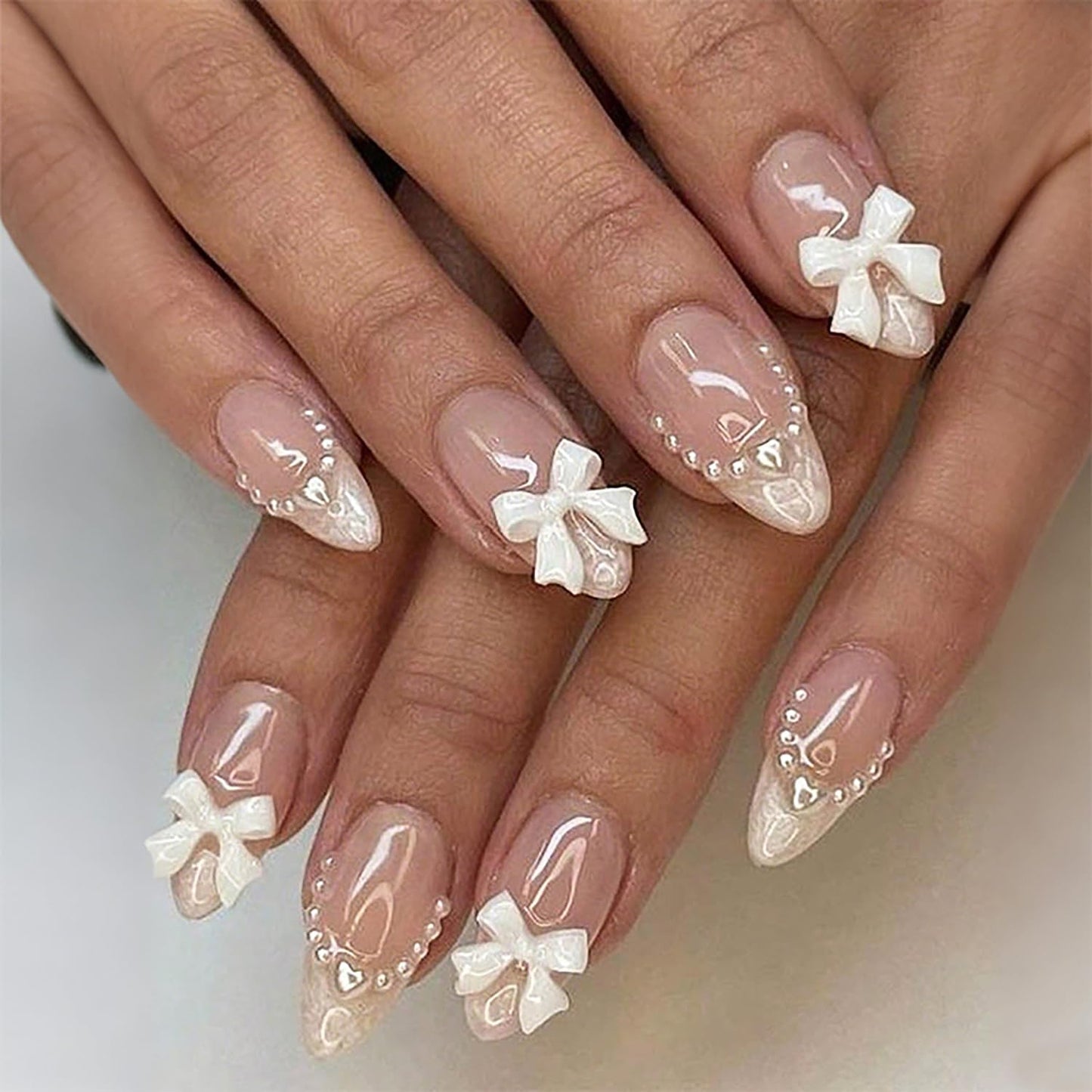 Leopard Print Press-On Nails - 30 Pcs Medium Almond Acrylic with Heart Pearl Bow & Rhinestones | Romantic Valentine’s French Tip Design
