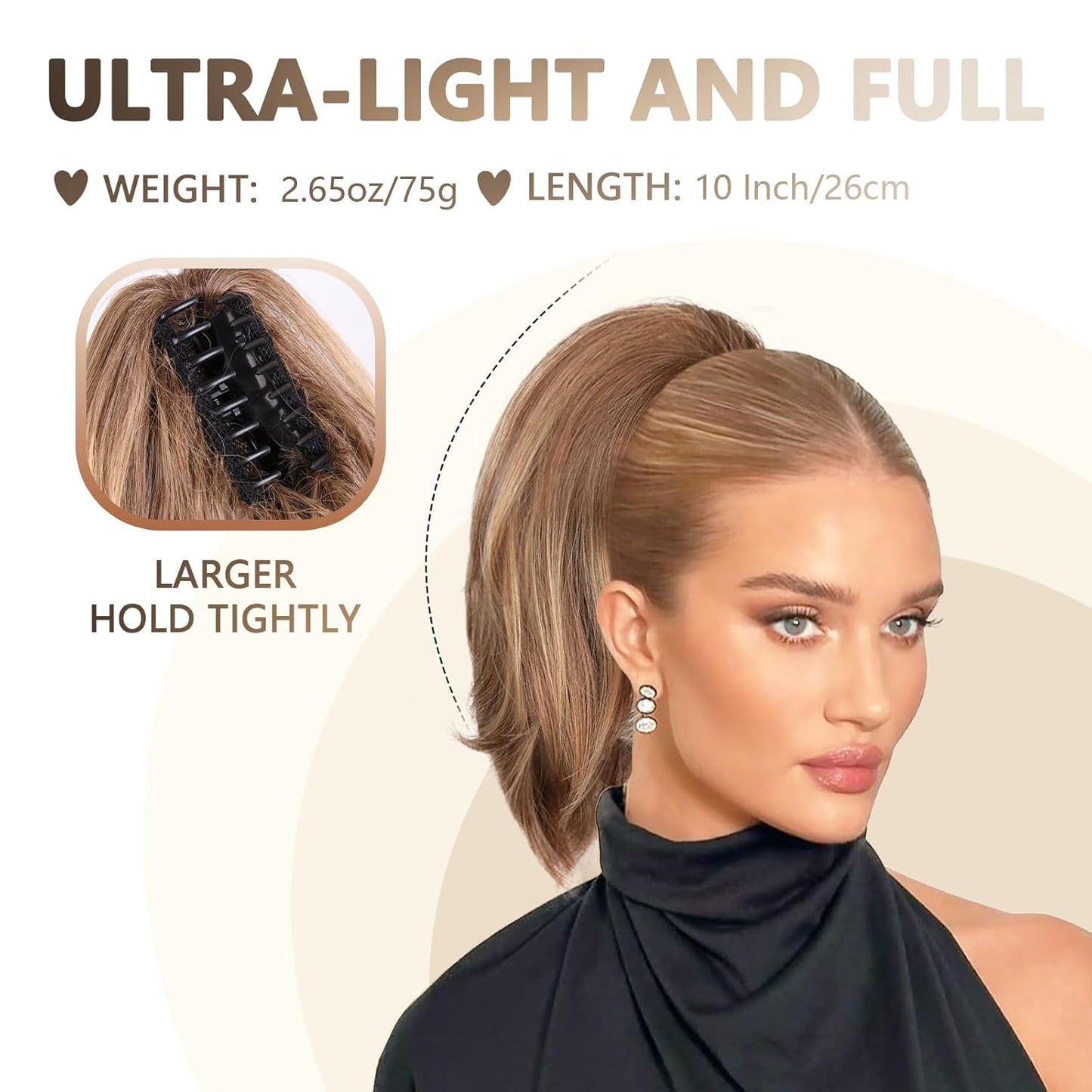 10 Inch Ponytail Extension - Straight Claw Clip Synthetic Hair | Brown with Blonde Highlights