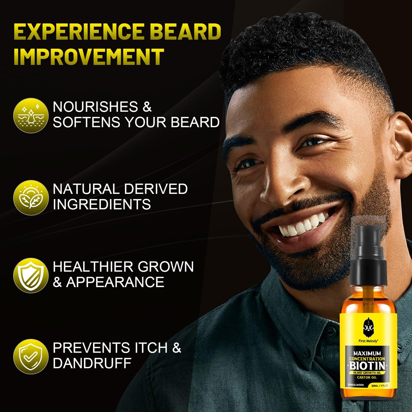 First Melody Beard Oil,Maximun Thickening Biotin, with Castor Oil and Argan & Jojoba Oils, Promotes Beard Growth, Styles, Strengthens & Softens Beards & Mustaches,1 Ounce*2（2 Pack）
