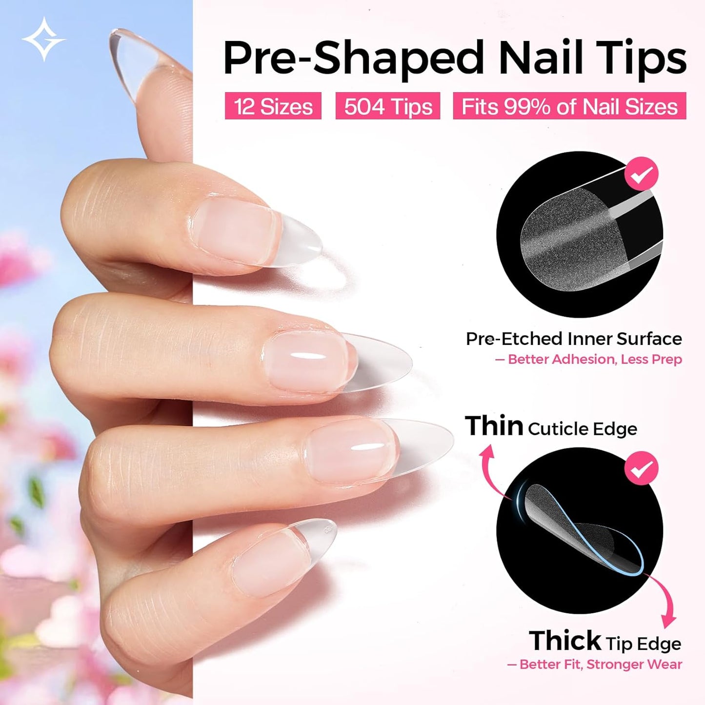 Nail Extension Starter Kit | Gel Tips Set for Beginners - Medium Almond 504 Pcs with Base Coat & UV Lamp