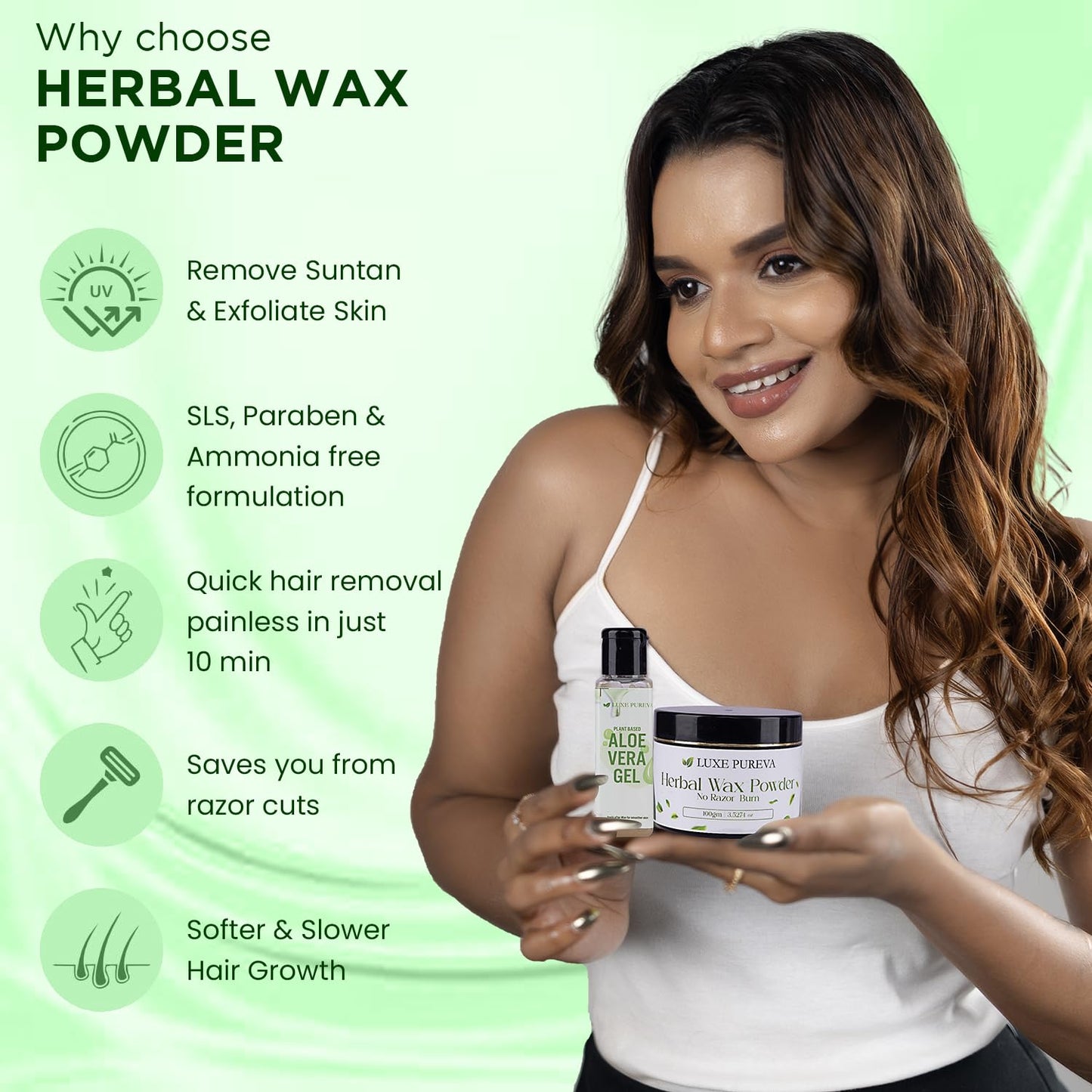 LuxePureva Herbal Hair Removal Kit (Herbal Wax Powder-3.52oz with Applicator Brush and Aloe Vera Gel 50ml)