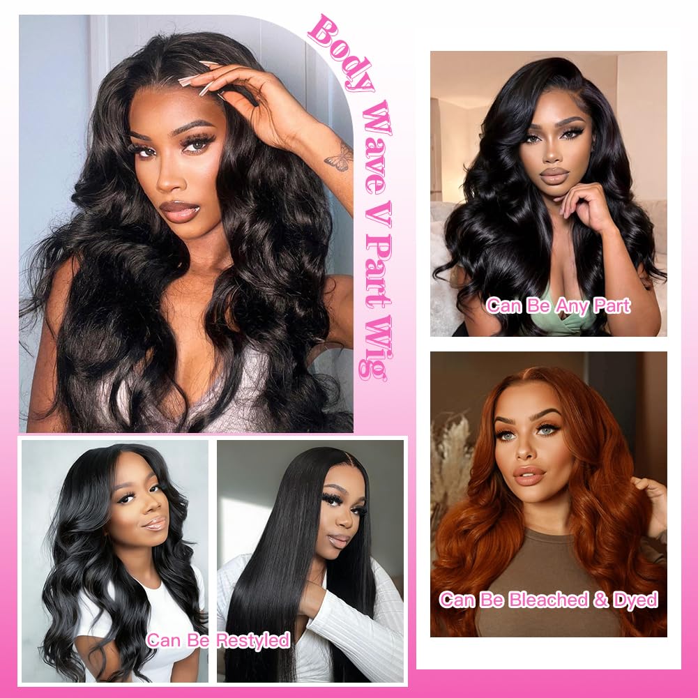 V Part Wig Human Hair Body Wave - 200% Density Glueless Clip-In Half Wig for Women | Natural Black 18 Inch