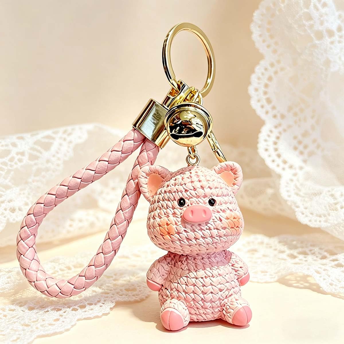 Cute Pink Pig Wrist Strap Keychain,Resin Pig Figurine Key Ring with Bell,Decorative Bag Charm and Key Holder,Durable Resin Metal Hardware,Versatile for Keys,Backpacks,Handbags