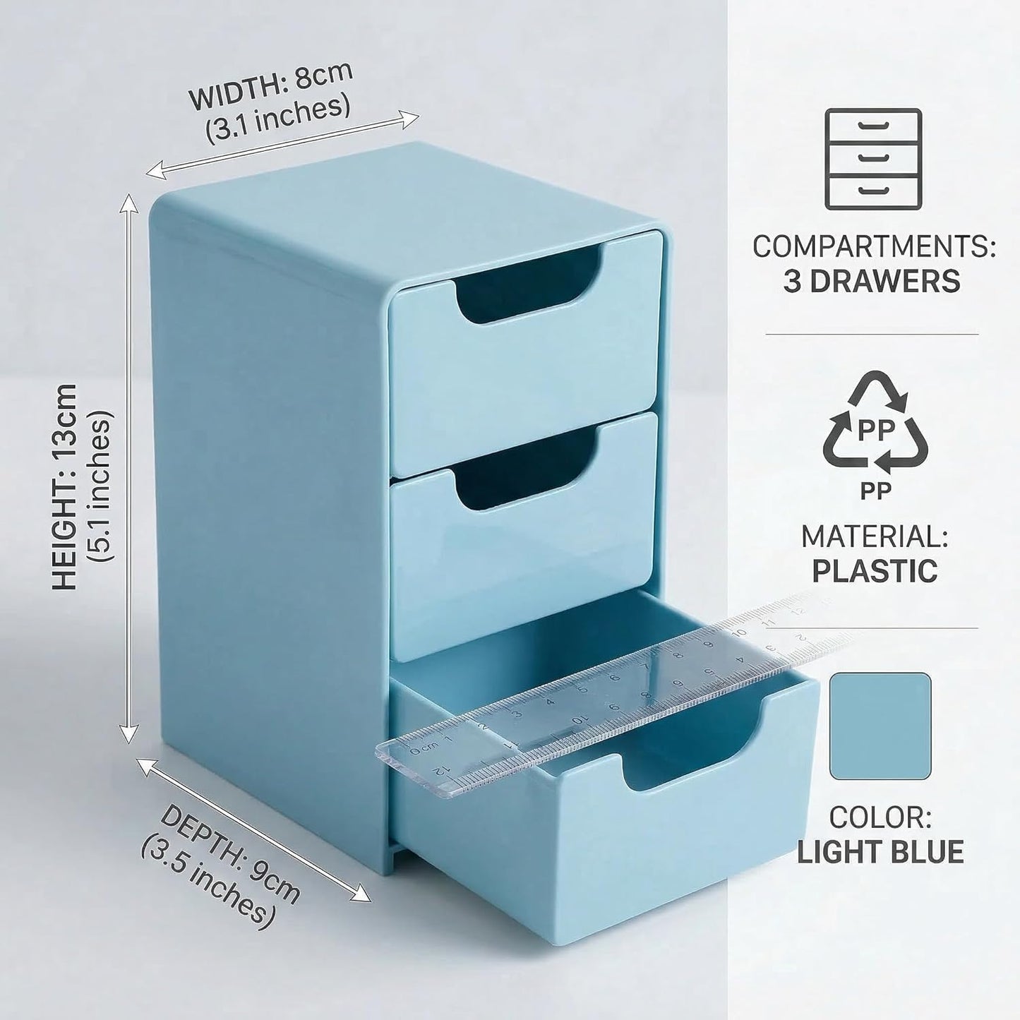 Mini Blue Plastic 3-Drawer Organizer - Hair Accessories & Makeup Storage | Compact Desktop Box for Girls