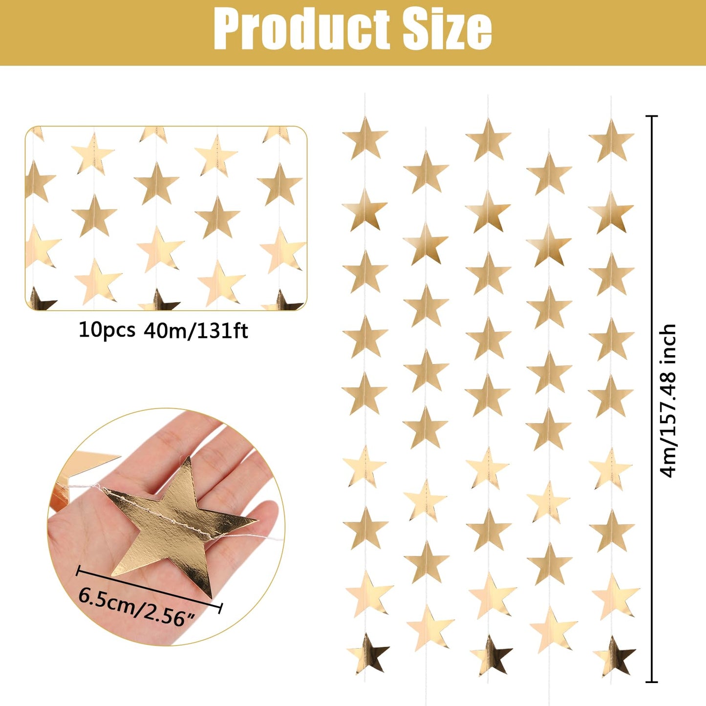 BRIOYHA Metallic Champagne Gold Star Garland,10-Pack 4M Paper Hanging Star Streamers, Double-Sided Reflective Star Banner for Graduation Wedding Birthday Christmas New Year Party Decoration