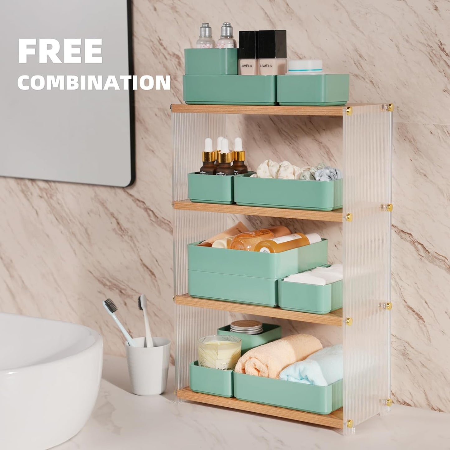 11-Piece Stackable Drawer Organizer Set - Multi-Size Storage Bins for Makeup, Stationery & Utensils | Versatile Vanity & Office Use