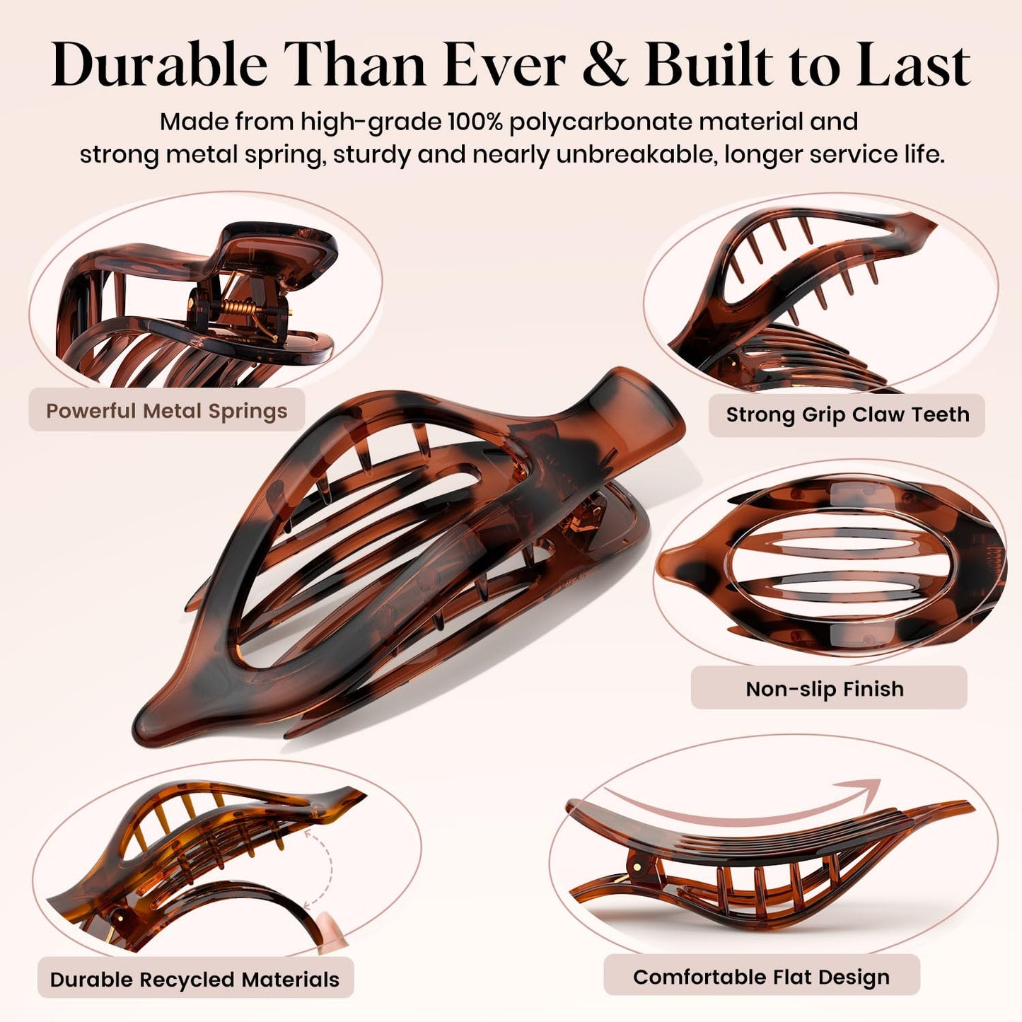 Oeusnael 4 PCS Large Flat Hair Clips for Women Girls, French Concord Lay Down Claw Clips for Thick Thin Hair, Comfortable Curved Flat Clip, Leopard Print Stylish Strong Hold Hair Accessories, Tortoise