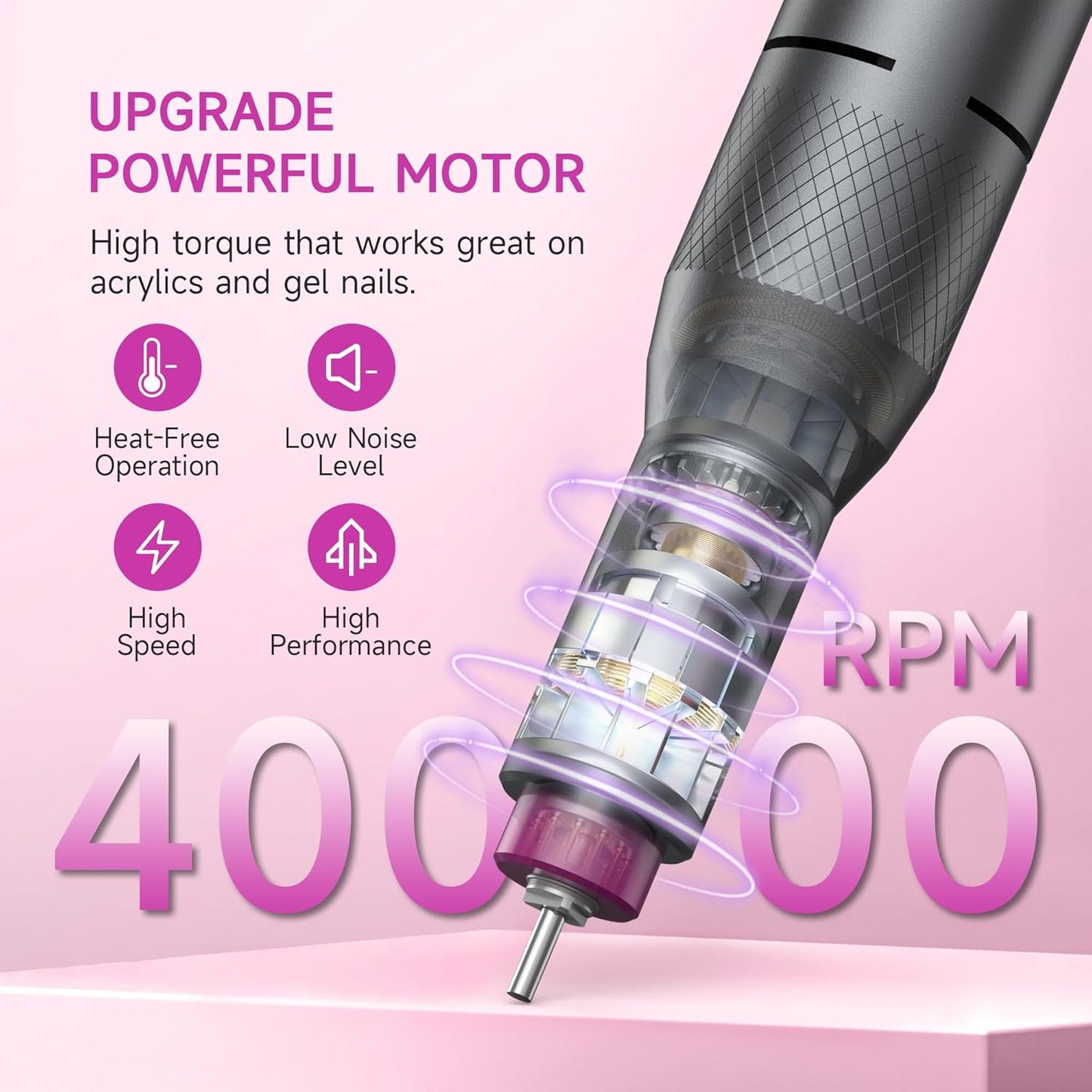 Electric Nail Drill - Professional Portable File for Acrylic Gel Nails | Cordless Rechargeable 40000RPM Efile Machine (Dark Grey)