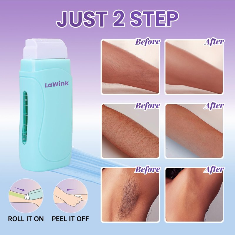 LaWink Roll On Wax kit,Waxing Kit for Sensitive Skin,Wax Roller Kit for Hair Removal with 2 Soft Wax Cartridge& 100 Pcs Wax Strips for Larger Areas of the Body Hair Removal at Home washable