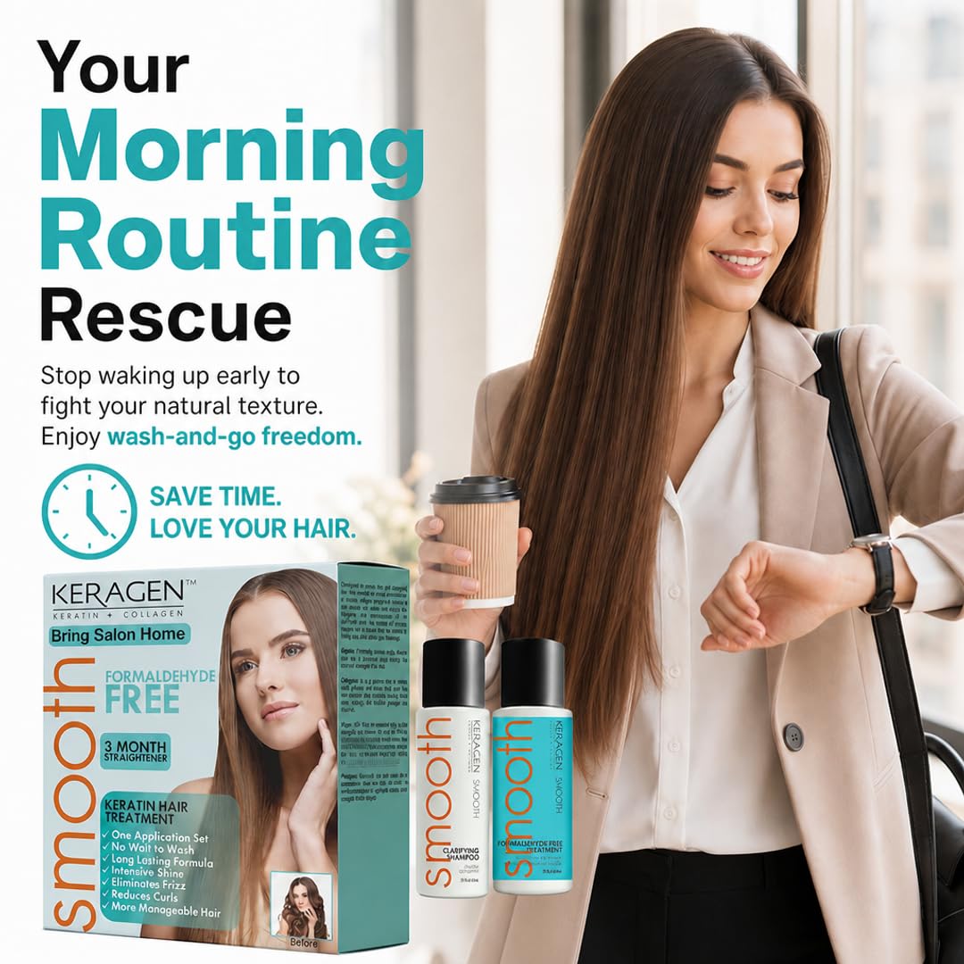 KERAGEN At-Home Keratin Smoothing Treatment Kit – Formaldehyde-Free Express Blowout for Coarse & Frizzy Hair | 0-Hour Wait Time, Instant Wash-Ready Formula | Cruelty-Free, Made in USA | 2 oz