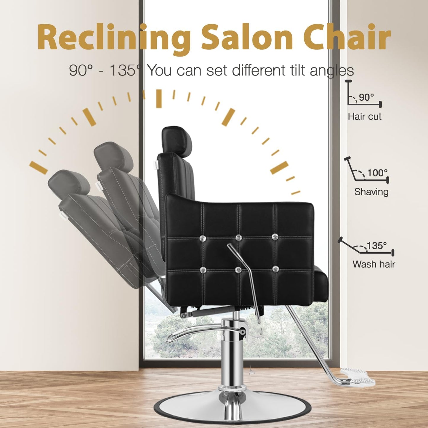 Reclining Salon Chair - Adjustable Barber Chair with 350LBS Hydraulic Pump | Black, 135° Recline for Beauty & Tattoo Studios