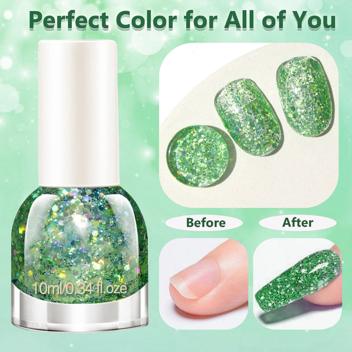 NovaCharm Green Glitter Nail Polish -10ML Holographic Nail Varnish - Rainbow Nail Gel Glitter - Iridescent Sparkle Nail Paint Gel - Quick Dry Nail Lacquer Shimmer Effect DIY Nail Art