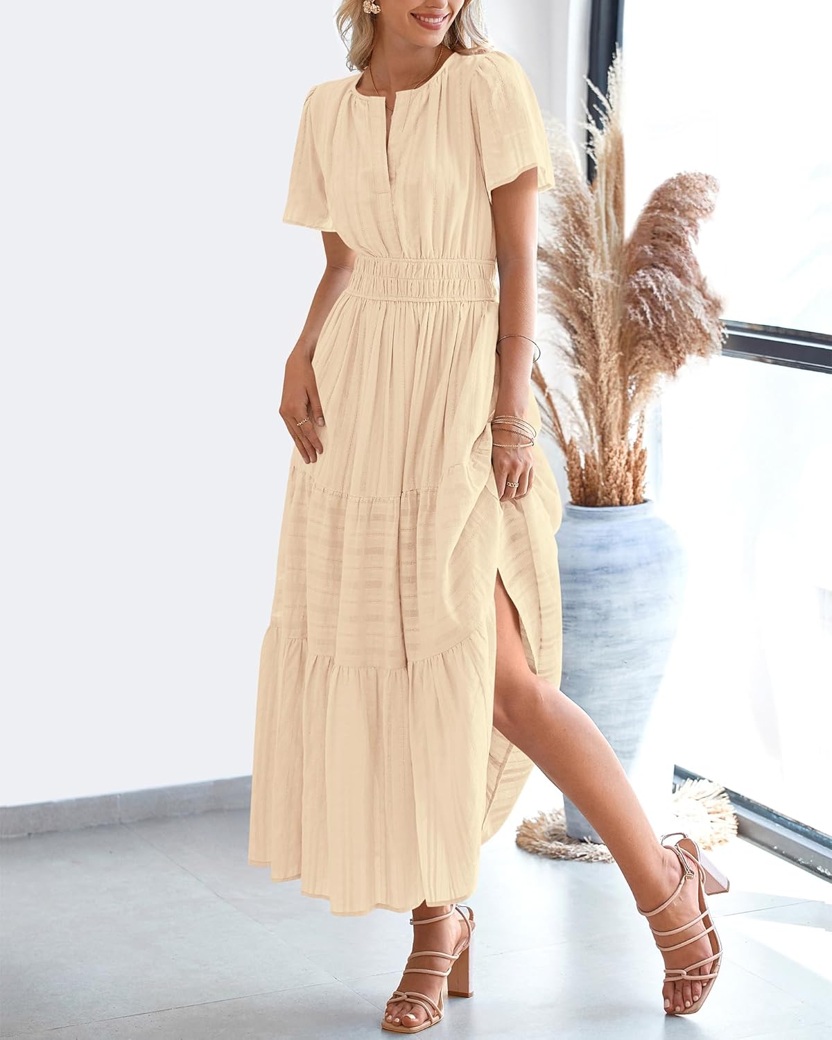 Summer Casual Midi Maxi Dress for Women - Lightweight V Neck, Elastic Waist & Pockets | Boho Beach Style