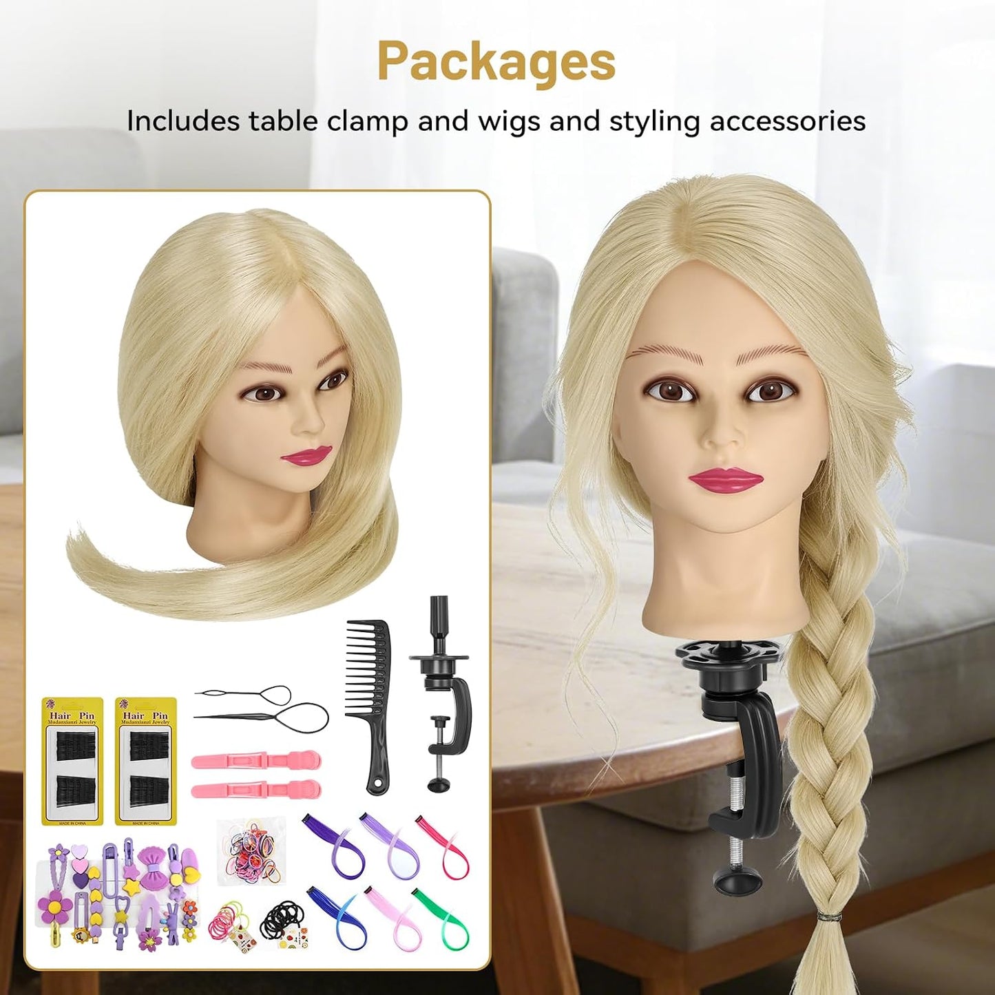 Mannequin Head - 90% Human Hair Styling Doll for Cosmetology | 24" Hairdressing Training Head with Clamp & Styling Set
