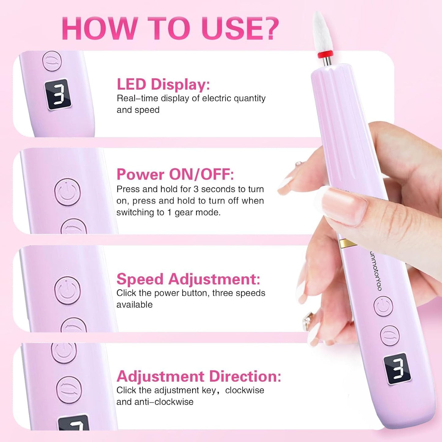 Electric Nail Drill File - Cordless 12-in-1 Acrylic Gel & Dip Kit | Portable Rechargeable Manicure Tools (Purple)