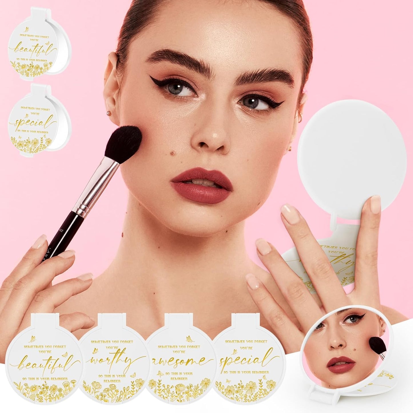 Inspirational Compact Mirror - 100 Pcs Portable Round Folding Makeup Mirror | Perfect Gift for Women, Coworkers, Teachers (White)